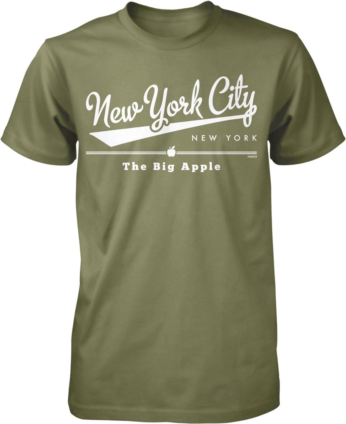A green t-shirt with white text that says "New York City" and "The Big Apple".