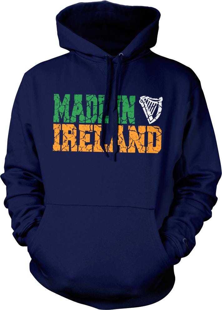 A navy blue hoodie with the text "MADON IRELAND" printed on it in a distressed, colorful style.