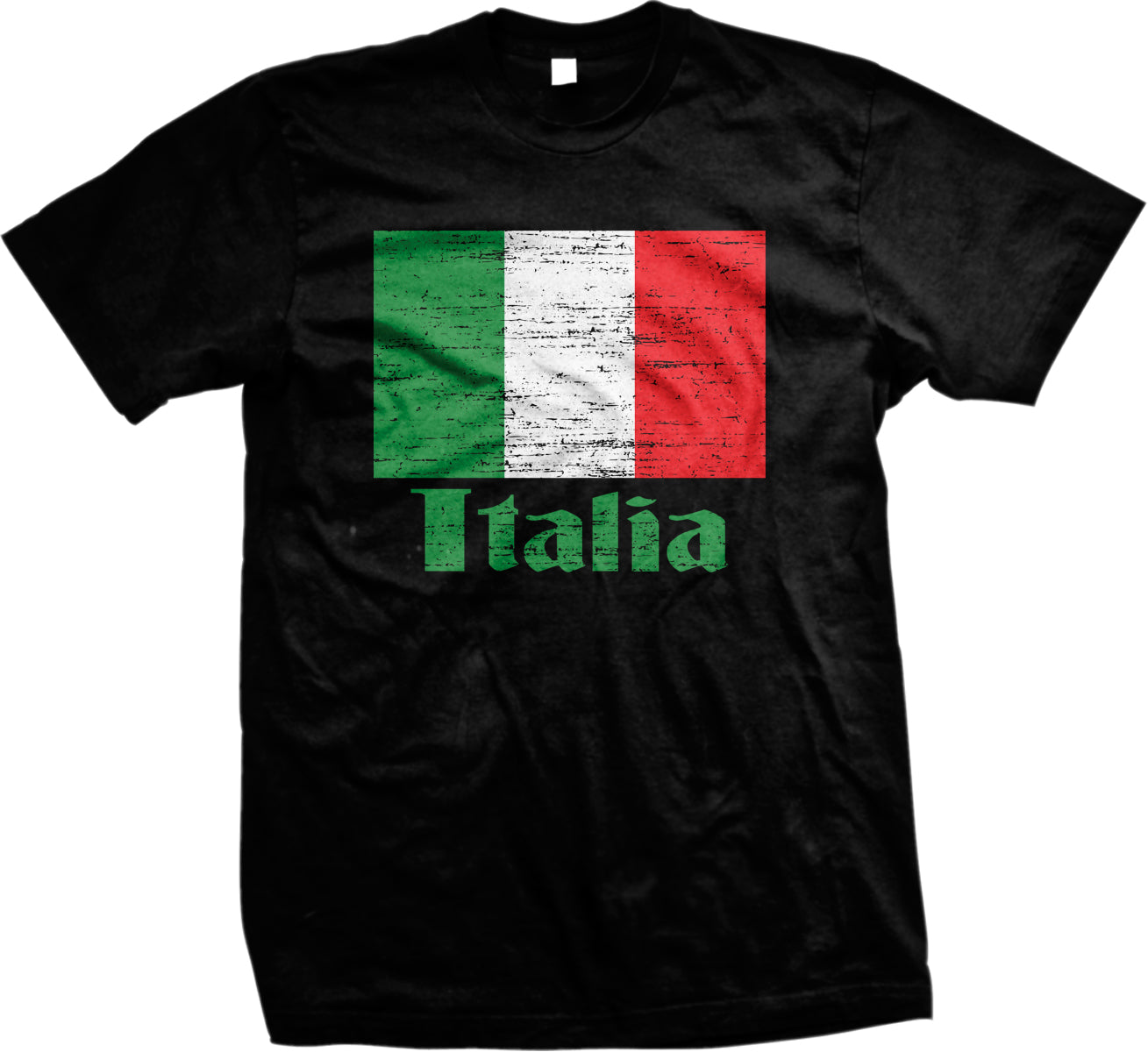 A black t-shirt with a graphic design featuring the flag of Italy and the word "Italia" printed on it.