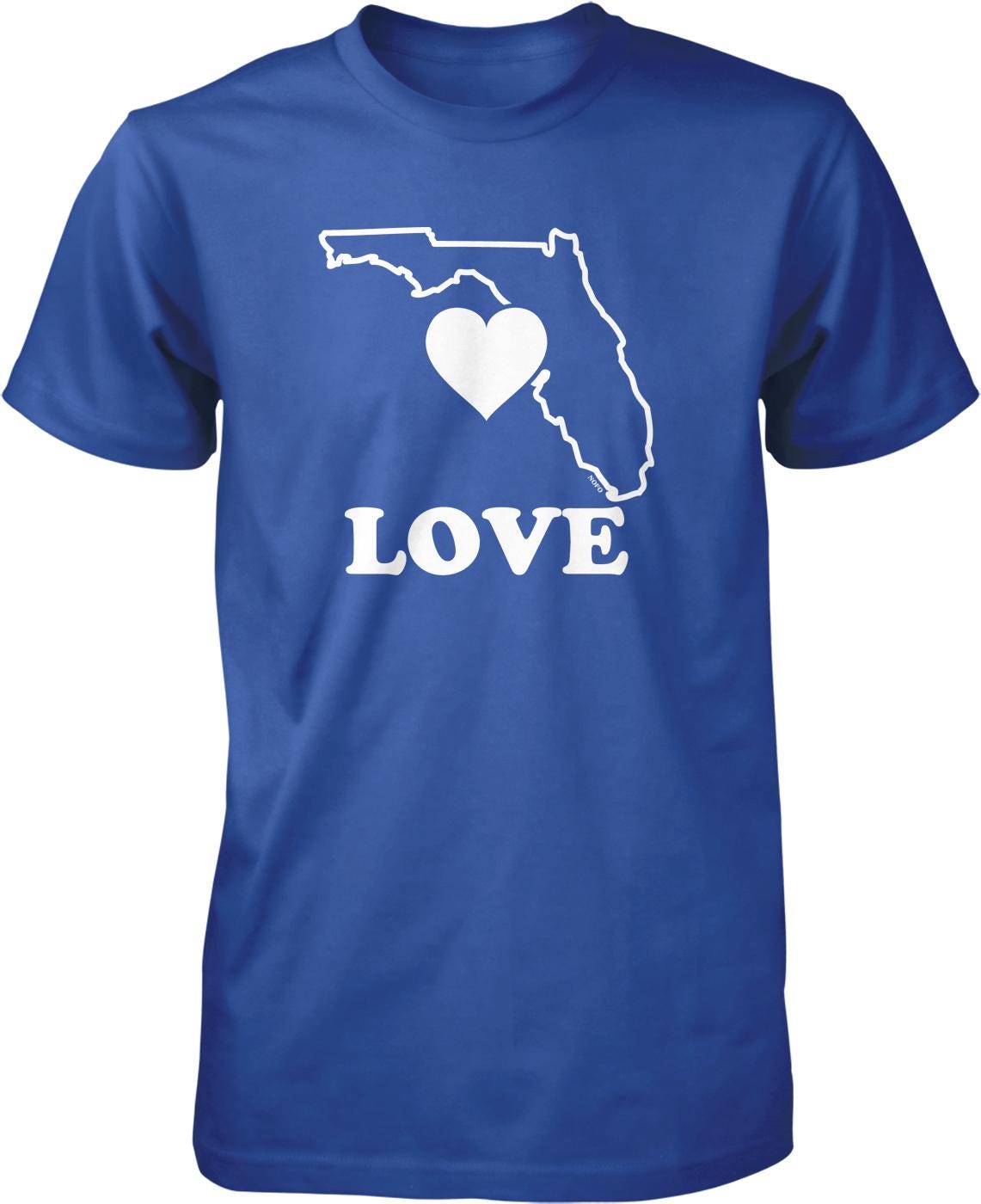 A blue t-shirt with a white graphic design that includes a heart symbol and the word "LOVE" written below it.