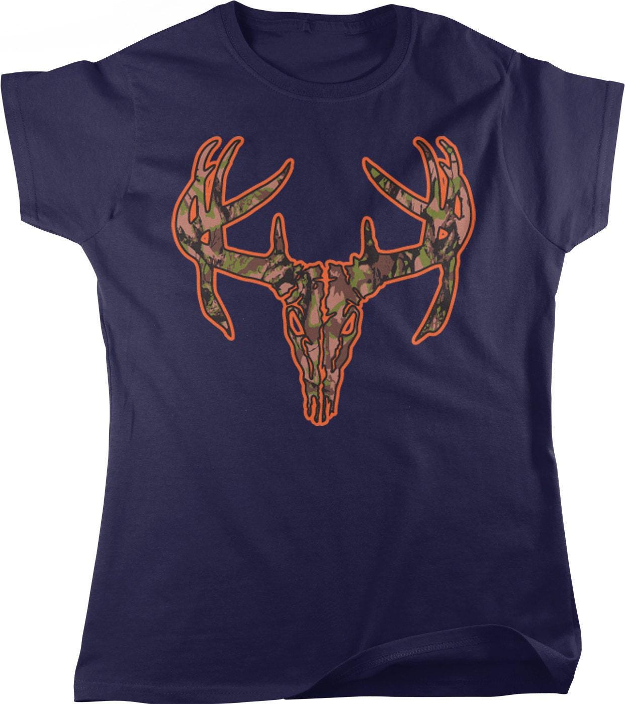 Women's Hunting T-Shirt - Camo Deer Skull Top | Durable Cotton Tee, Full Cut Fit