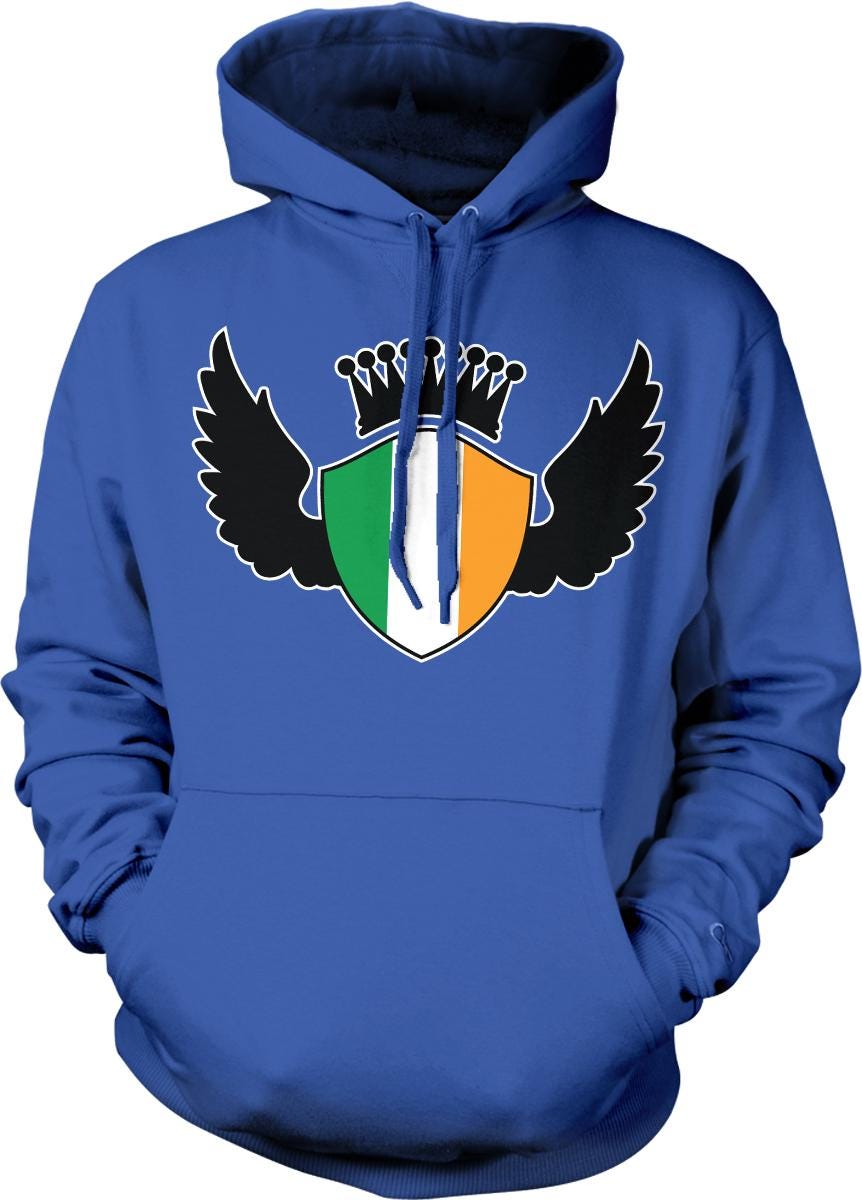 A blue hoodie with a graphic design featuring a shield with a crown and wings.