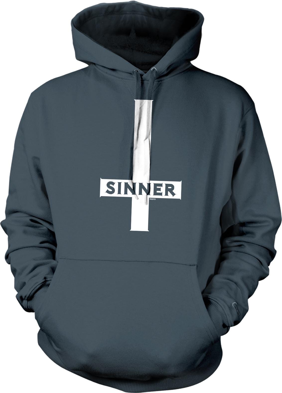 A dark grey hoodie with a white cross and the word "SINNER" printed on it.