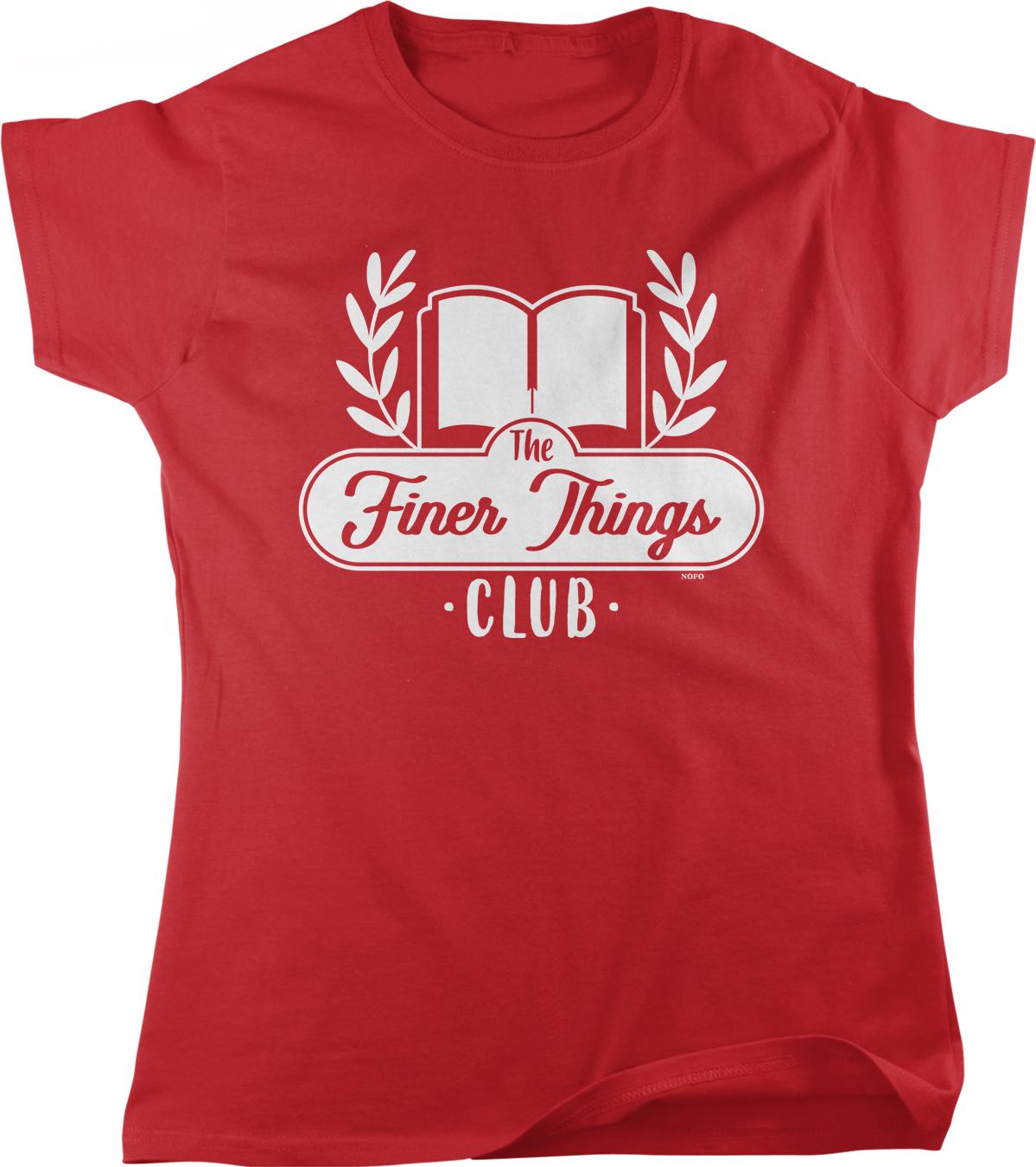 A red t-shirt with a white graphic design featuring a book and laurel wreath, along with the text "The Finer Things Club" printed on it.
