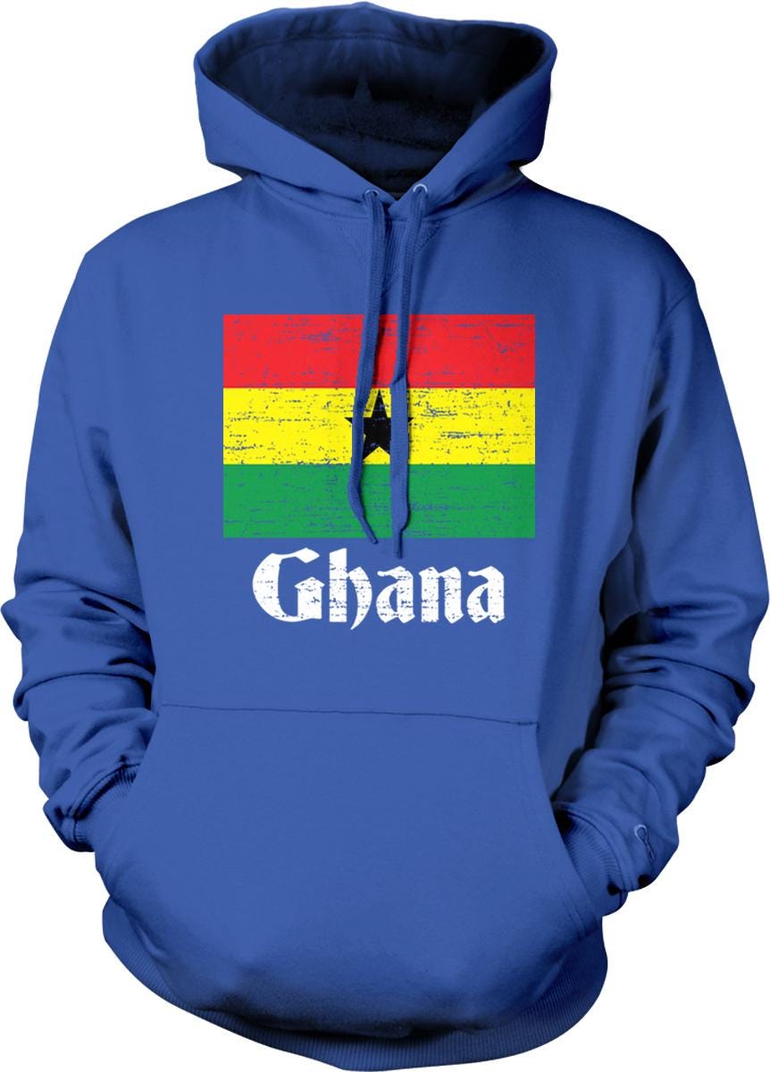 A blue hoodie with the word "Ghana" printed on it, along with a graphic of the Ghana flag.