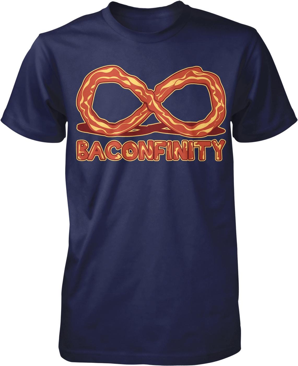 A navy blue t-shirt with a graphic design featuring a large, stylized pretzel and the text "BACONFINITY" below it.