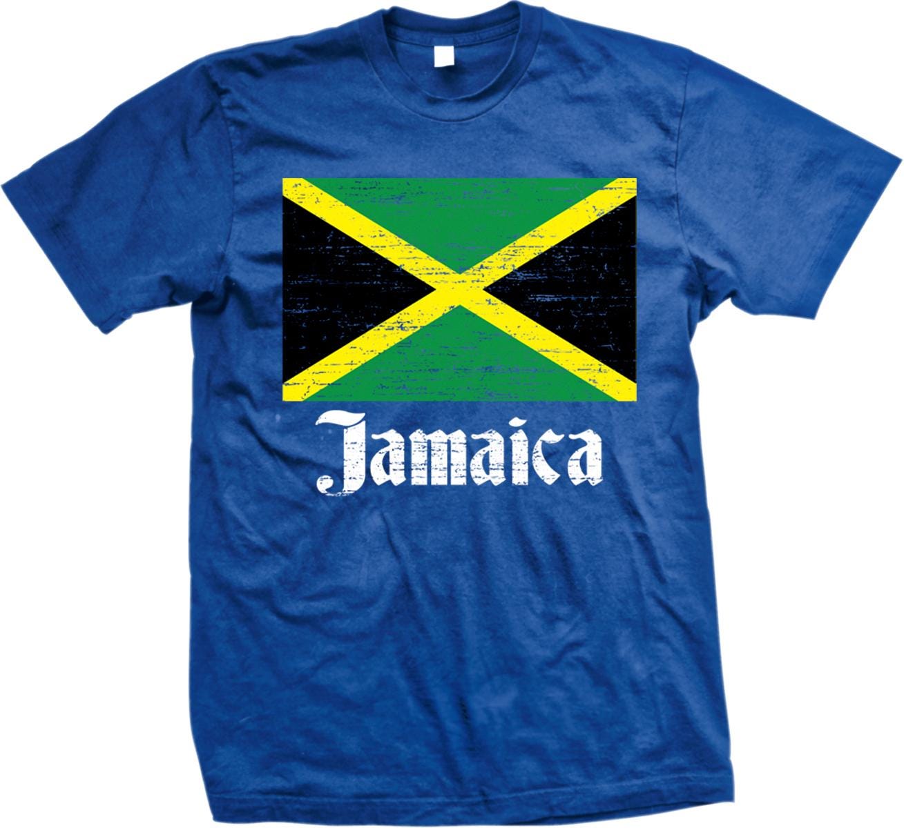 A blue t-shirt with a graphic of the Jamaican flag and the word "Jamaica" printed on it.