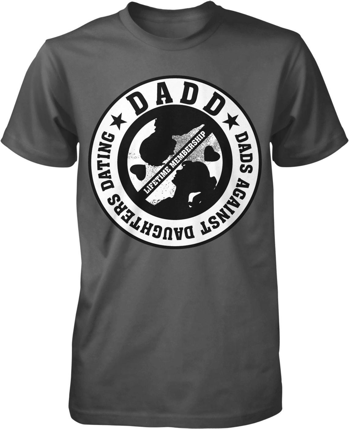 A gray t-shirt with a circular design featuring the text "DADDY" and "LIFETIME MEMBERSHIP" around a graphic of a person holding a gun.