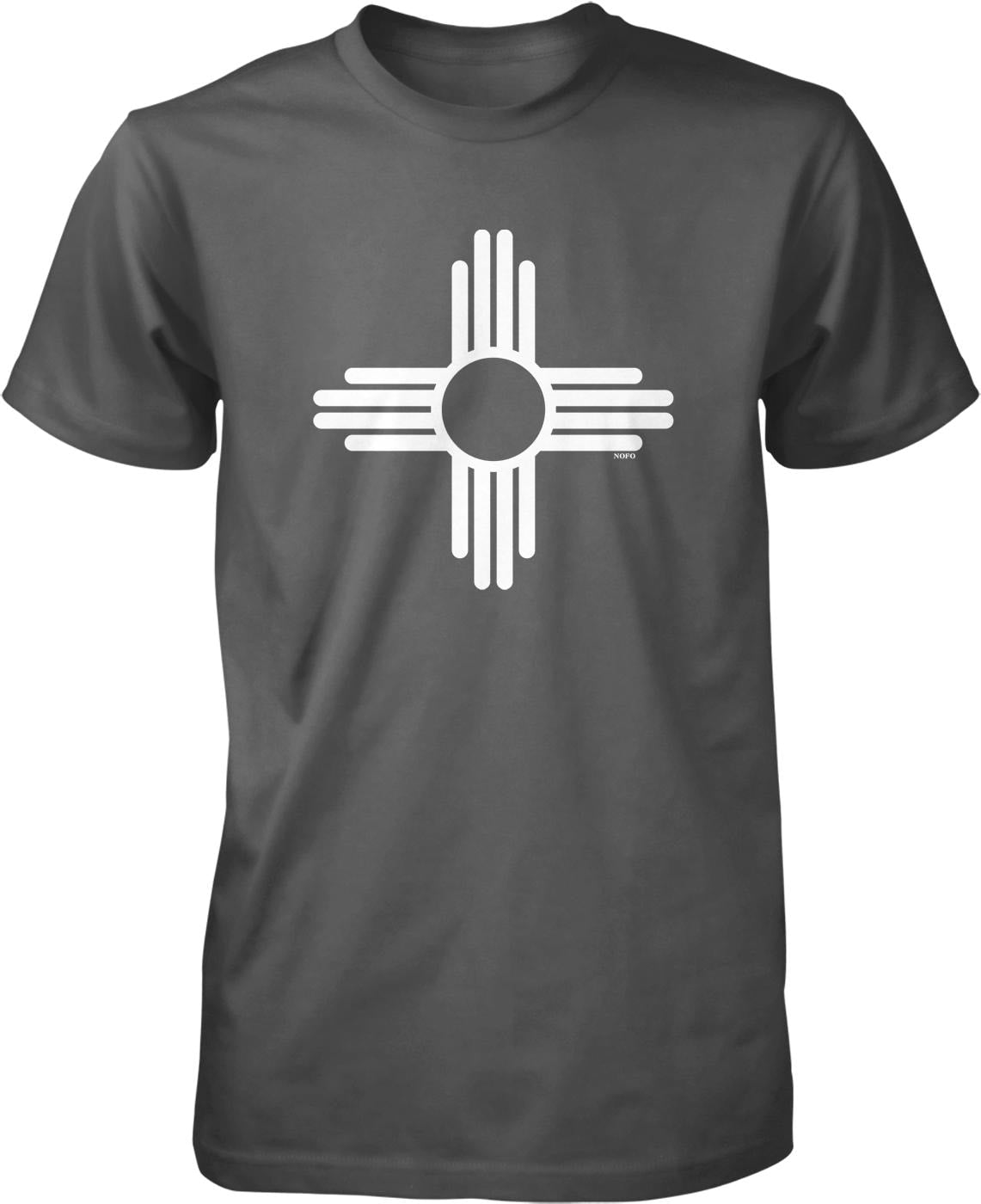 A gray t-shirt with a white graphic design on the front.