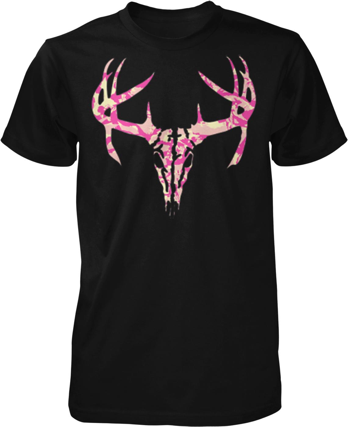 A black t-shirt with a pink and white deer skull design printed on it.