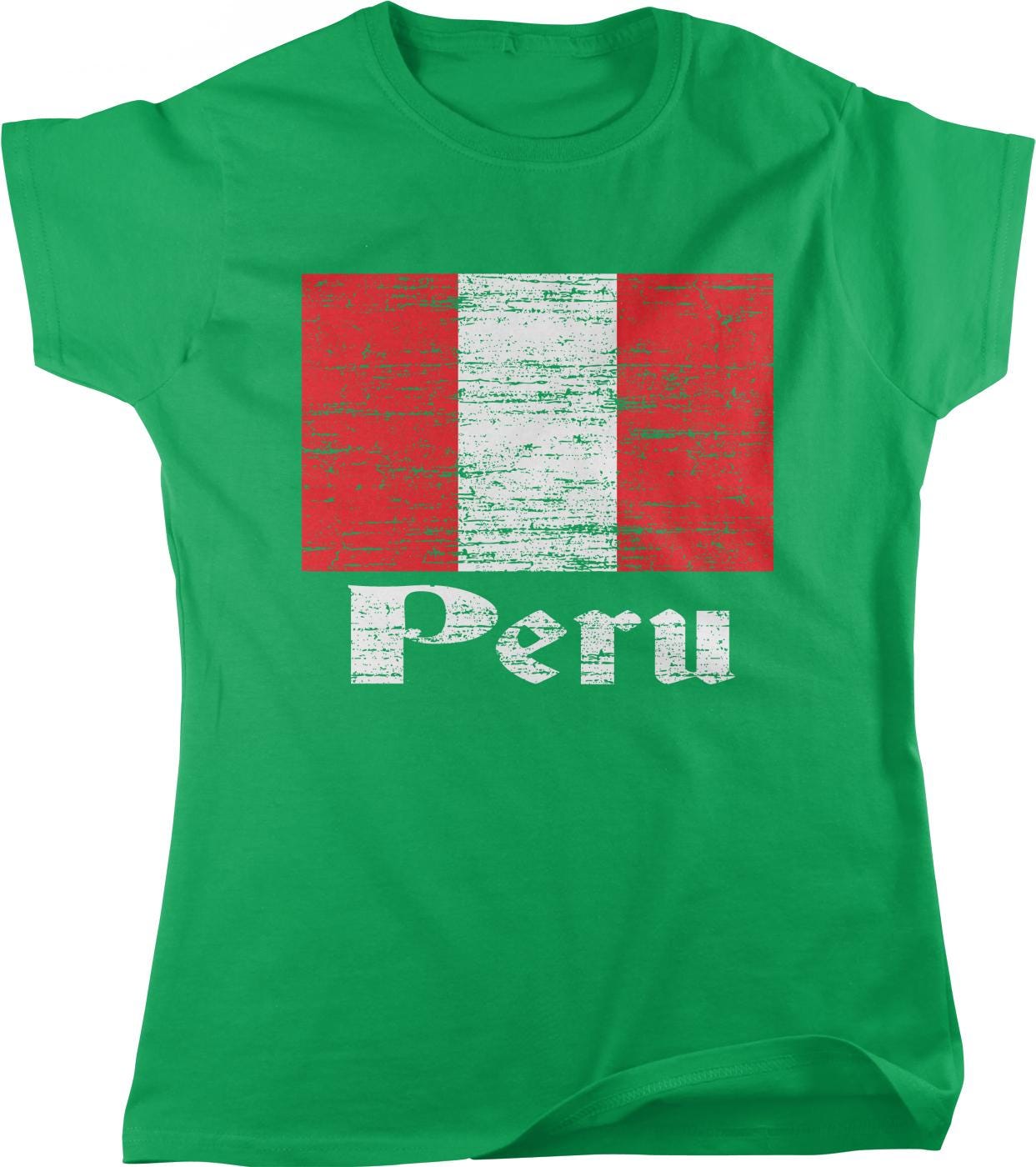 A green t-shirt with a graphic design featuring the flag of Peru and the word "Peru" printed on it.