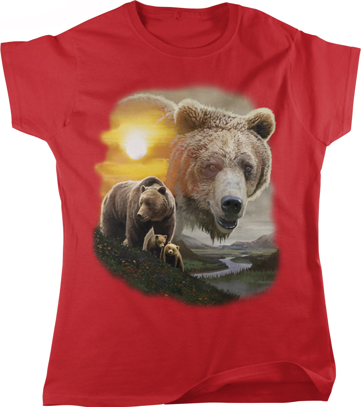 A red t-shirt with a graphic design depicting a large brown bear standing on a grassy hill with a river and mountains in the background.