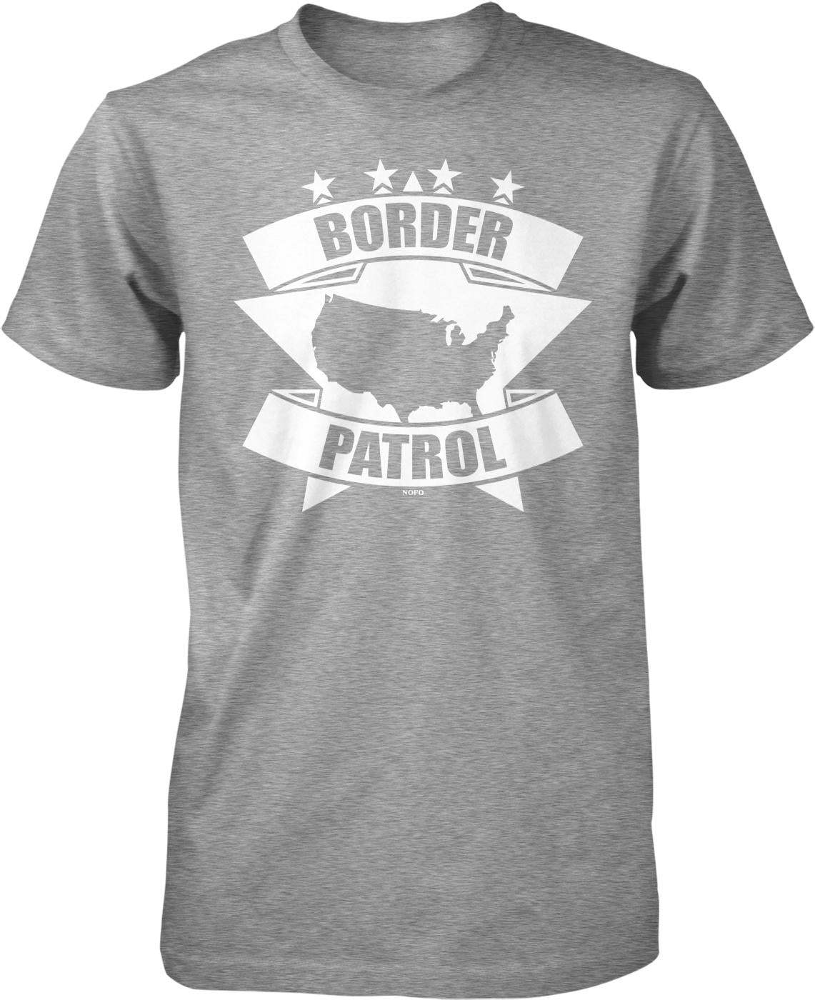 A gray t-shirt with a graphic design featuring a map of the United States and the text "BORDER PATROL" along with five stars.
