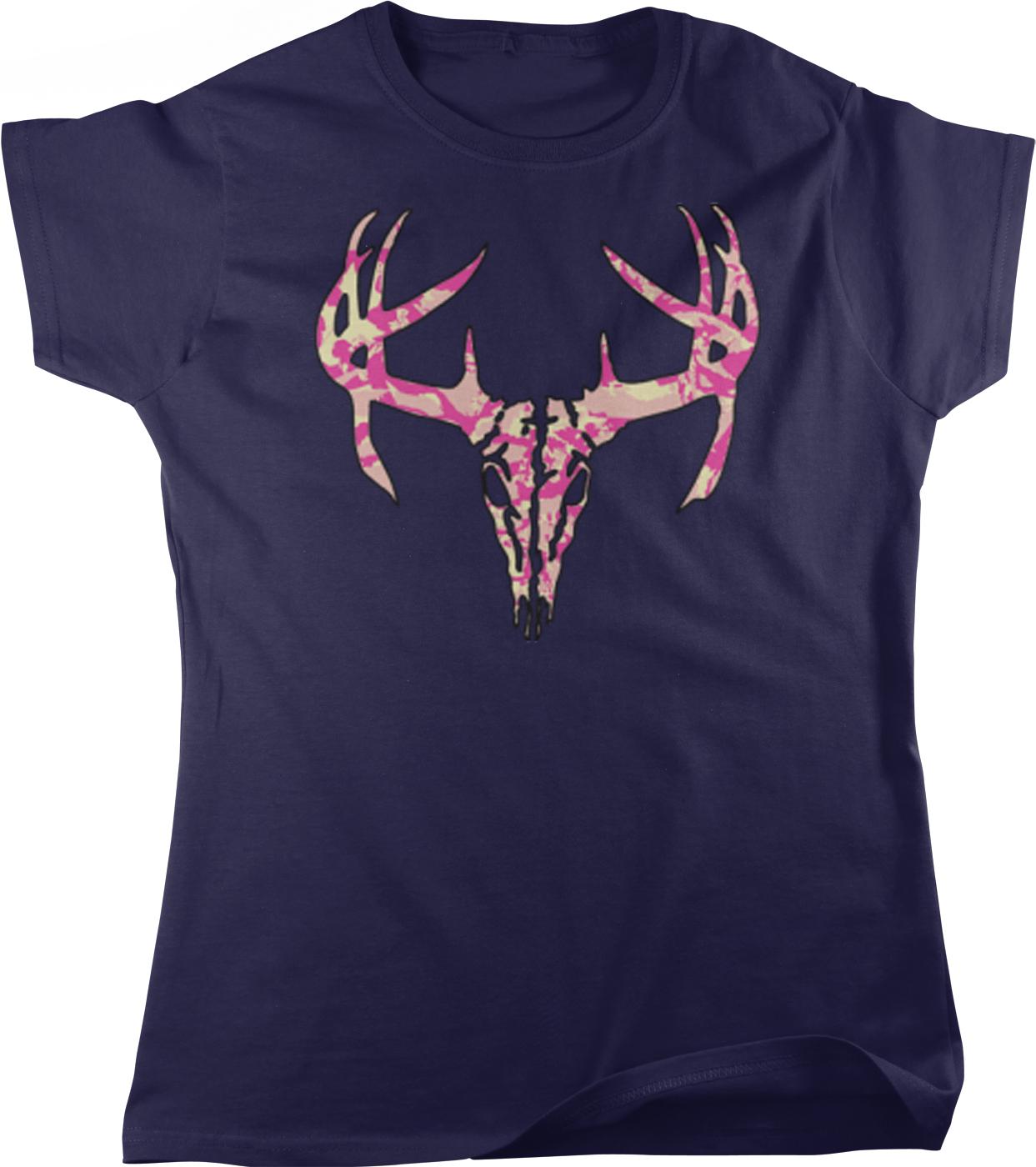 A dark blue t-shirt with a graphic design of a deer skull and antlers in pink and white colors.