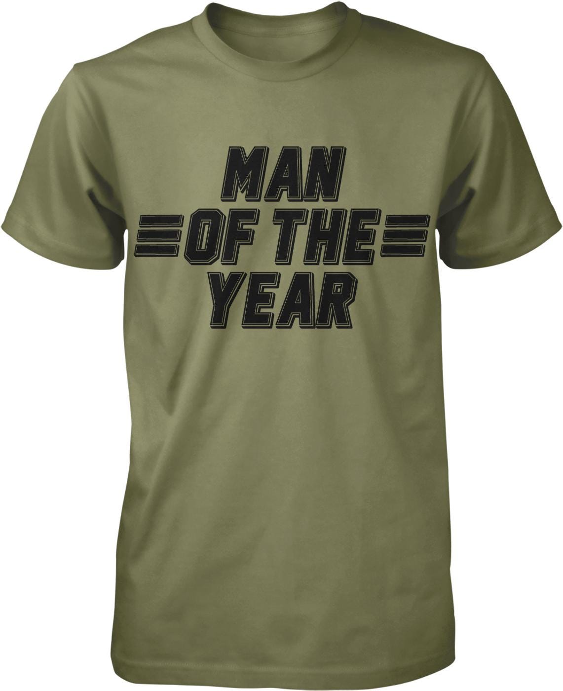 A green t-shirt with the text "MAN OF THE YEAR" printed on it.