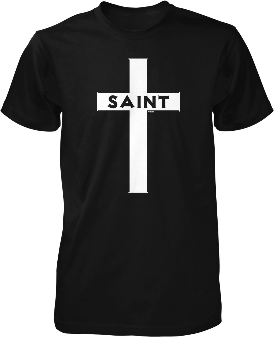 A black t-shirt with a white cross graphic and the word "SAINT" printed on it.