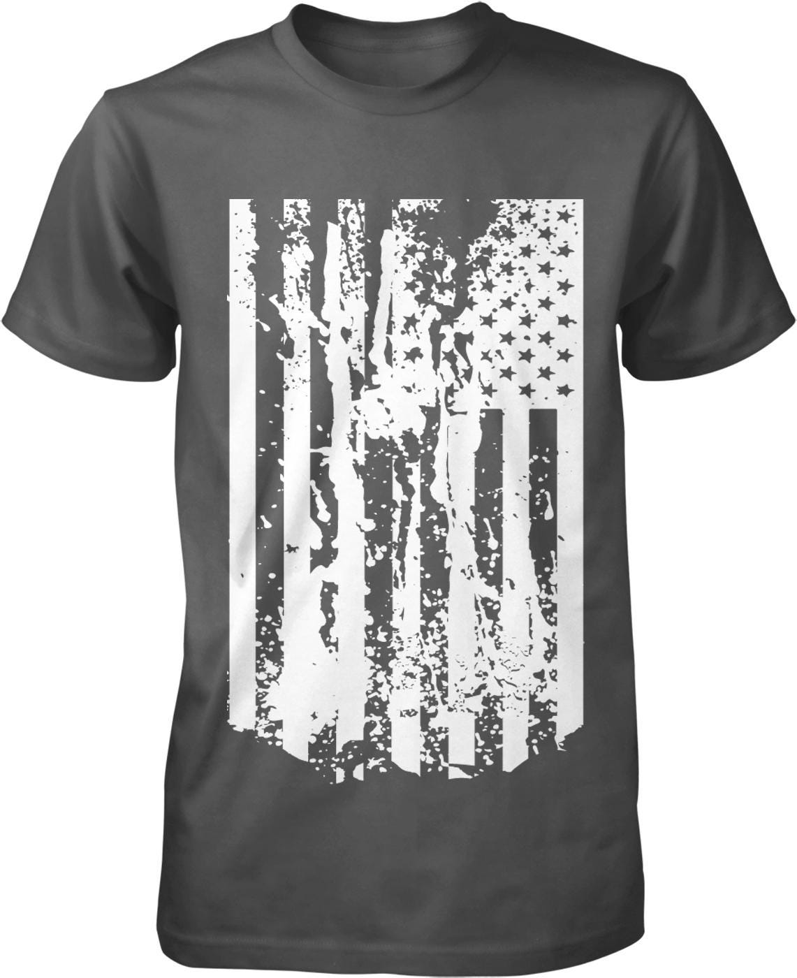 A black t-shirt with a white graphic design depicting a distressed American flag.
