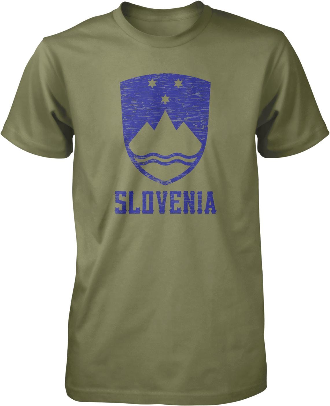 A green t-shirt with a graphic design featuring a shield-shaped emblem with mountains and stars, and the text "SLOVENIA" below it.