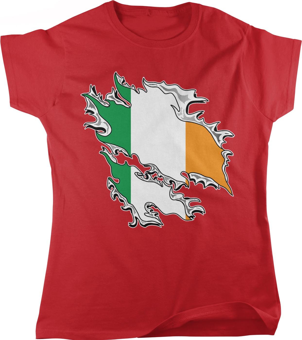 A red t-shirt with a graphic design depicting the flag of Ireland, which is a tear in the middle of the flag.