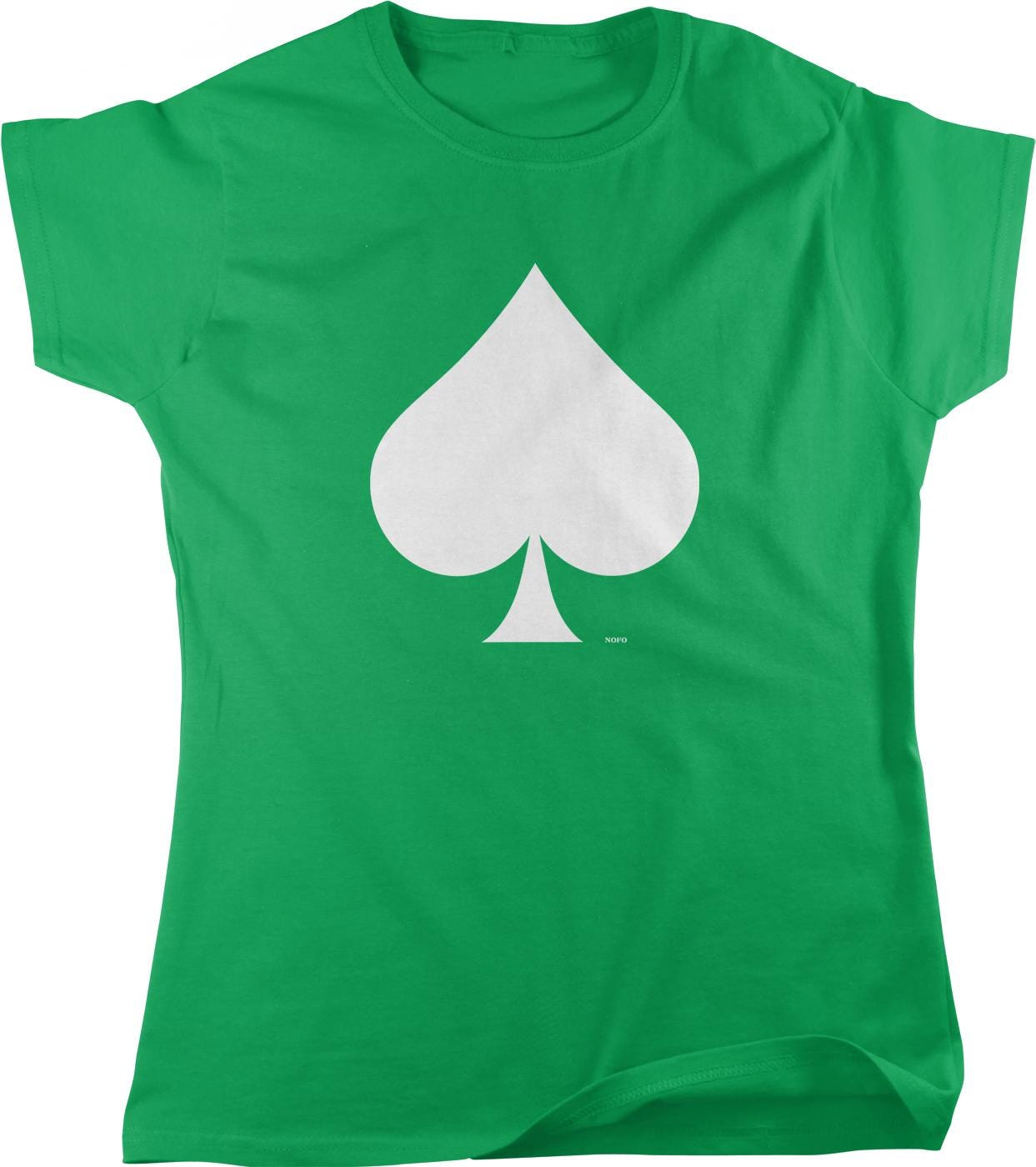A green t-shirt with a white graphic of a spade symbol printed on it.