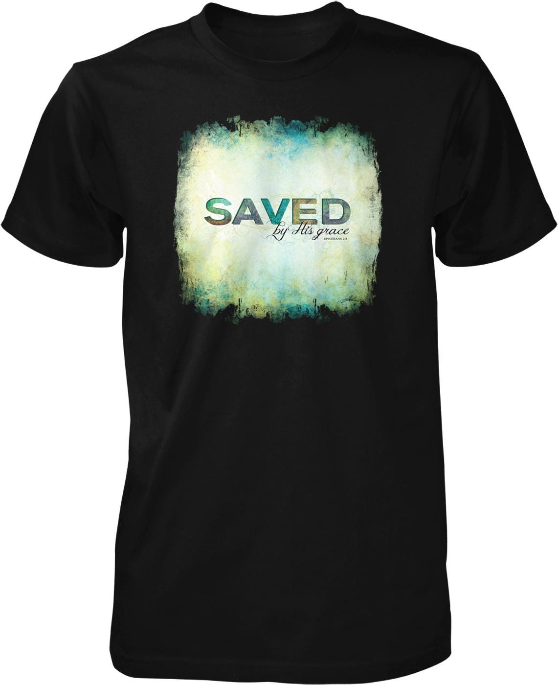 The image is a black t-shirt with a graphic design on it. The design features a large text box with the word "SAVED" written inside it, surrounded by a colorful, artistic background.