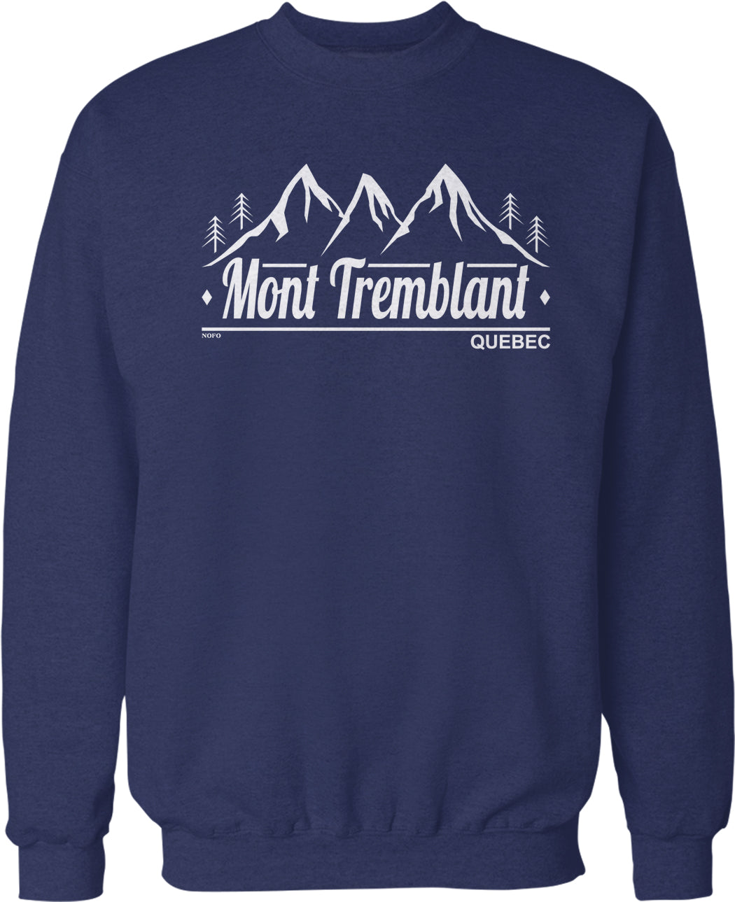 A navy blue sweatshirt with a graphic design featuring a mountain range and the text "Mont Tremblant" and "Quebec" printed on it.