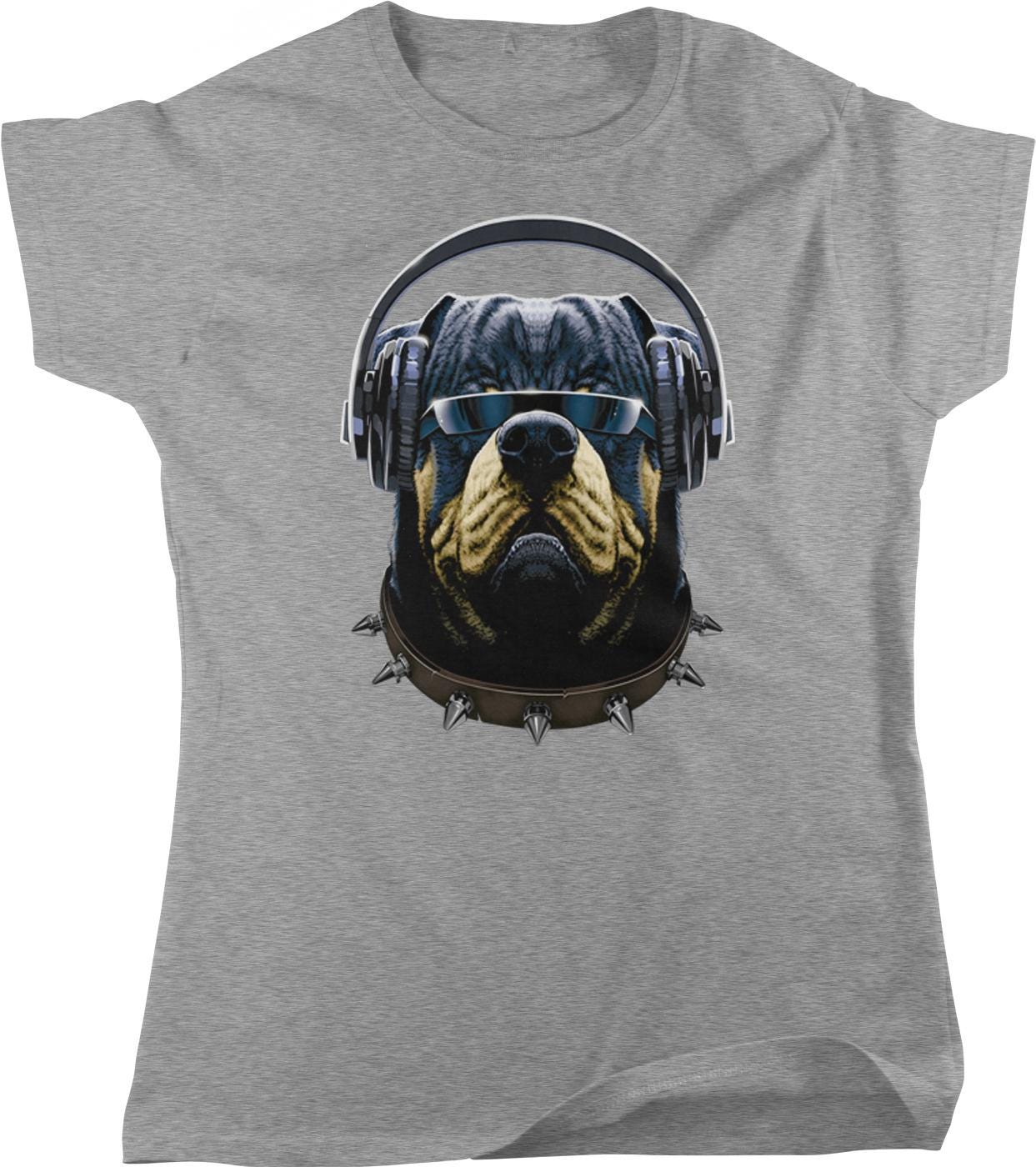 A t-shirt design featuring a dog wearing headphones and sunglasses, with a spiked collar.