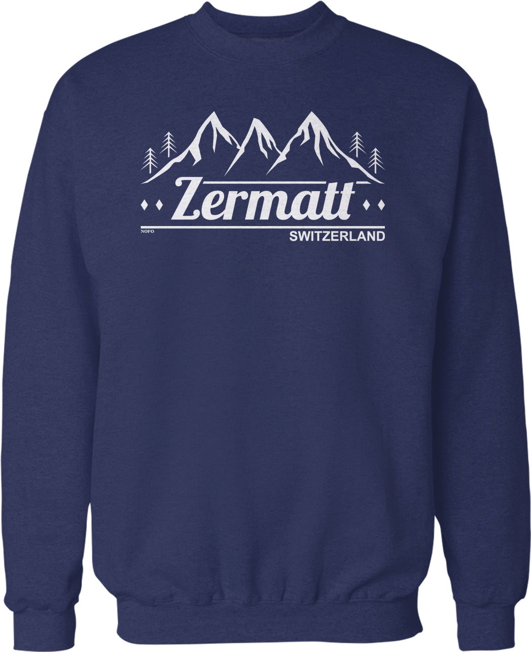 A navy blue sweatshirt with a graphic design featuring mountains and trees, along with the text "Zermatt Switzerland" printed on it.