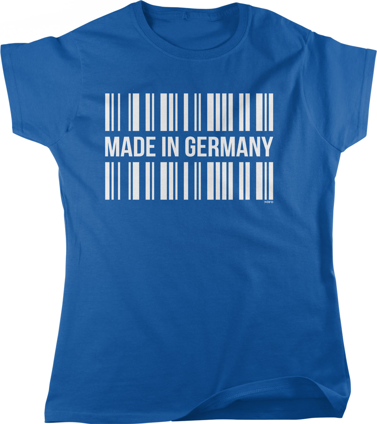 A blue t-shirt with the text "MADE IN GERMANY" printed on it, along with a barcode design.