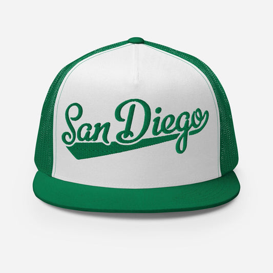 Snapback Trucker Hat - San Diego Script Baseball Five Panel Cap With Breathable Mesh