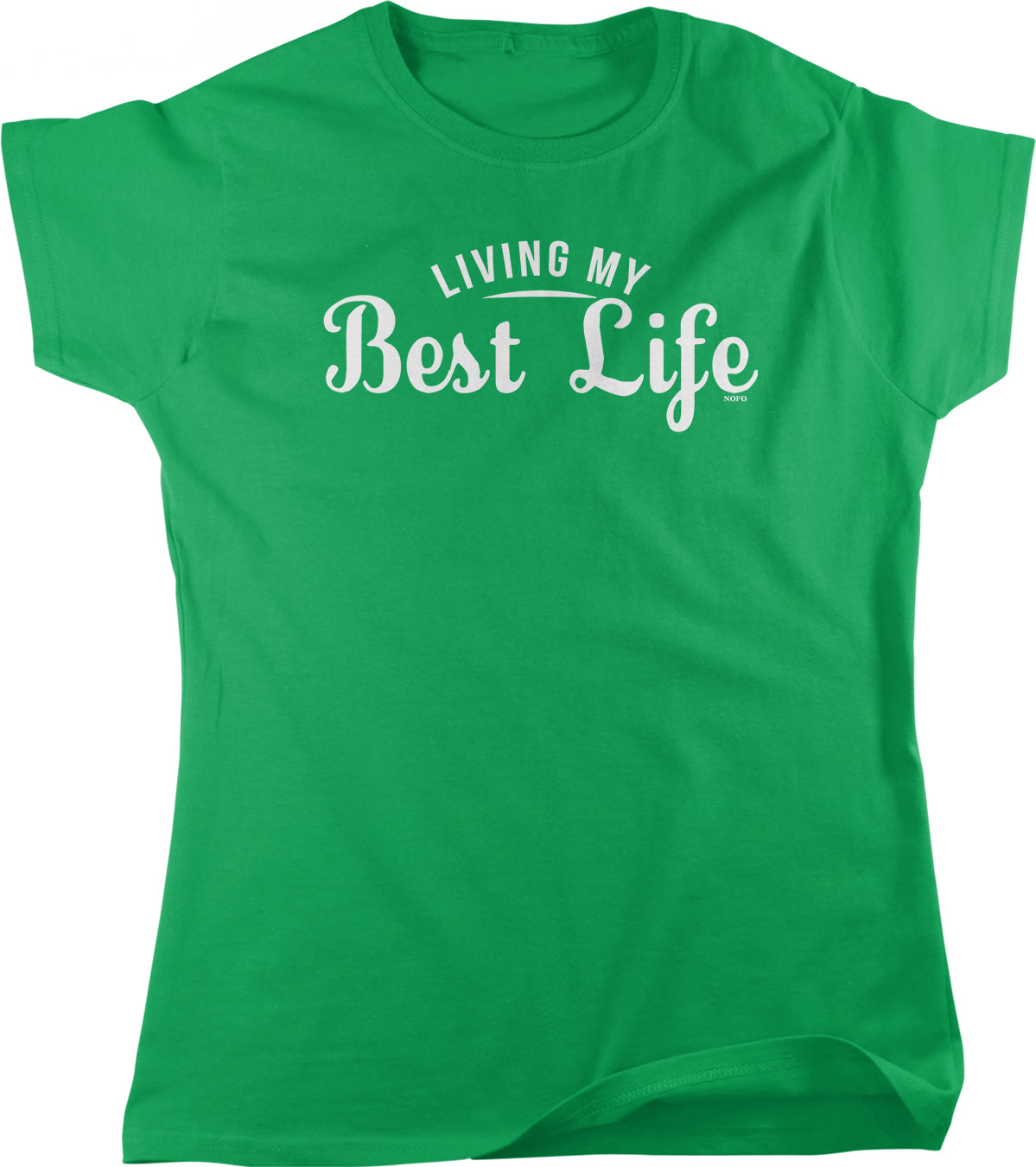 A bright green t-shirt with the text "LIVING MY BEST LIFE" printed on it.