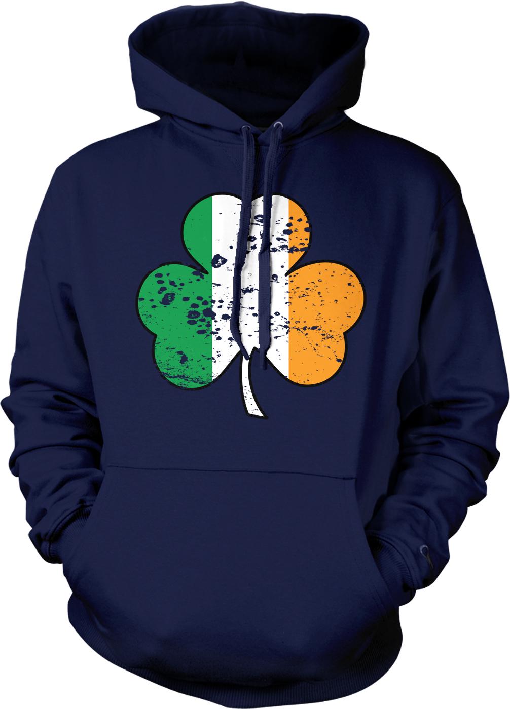 A navy blue hoodie with a graphic of a cloverleaf design in the colors of the Irish flag.