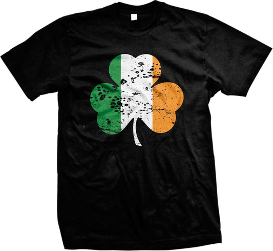 A black t-shirt with a graphic design of a shamrock, which is a symbol associated with Ireland.