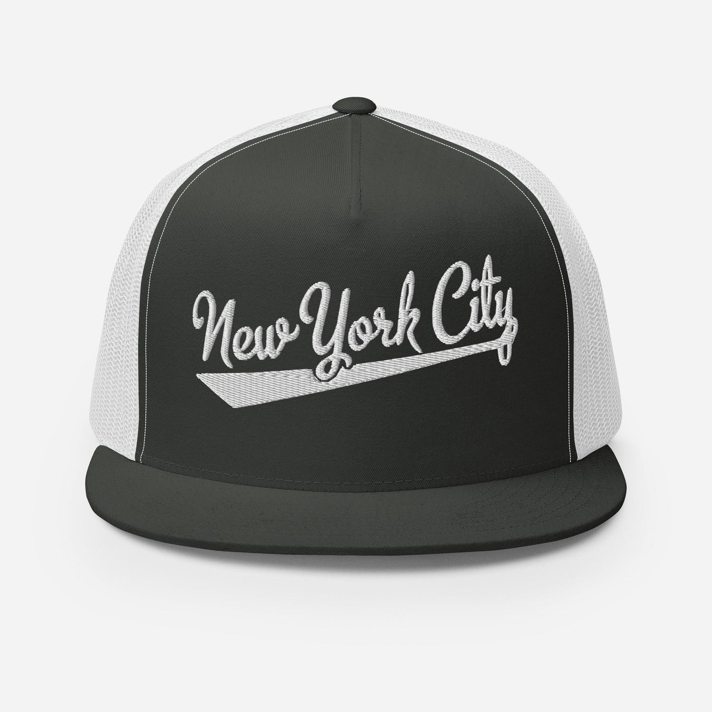 A black and white baseball cap with the text "New York City" embroidered on it.