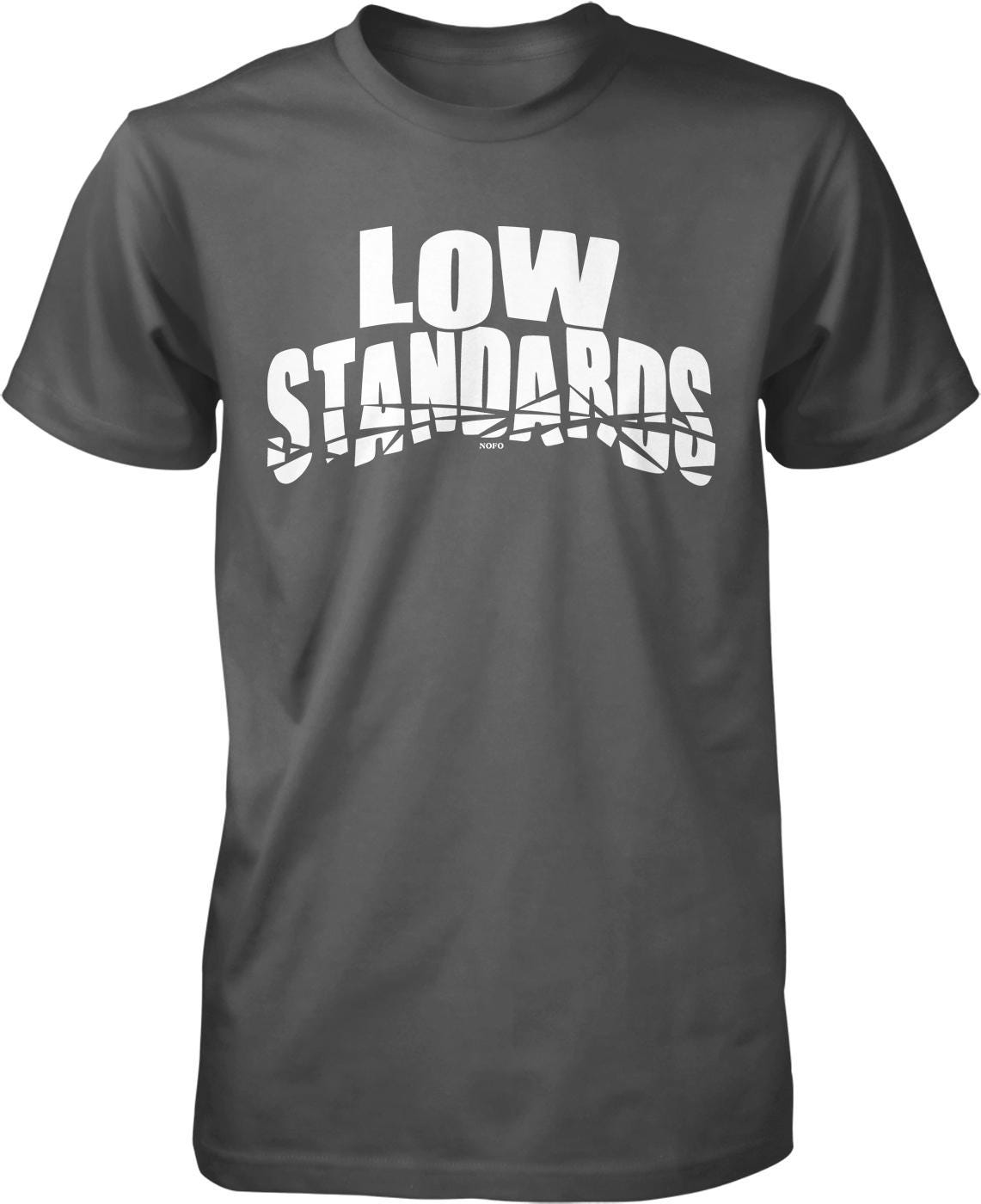 A gray t-shirt with the text "LOW STANDARDS" printed in white letters.