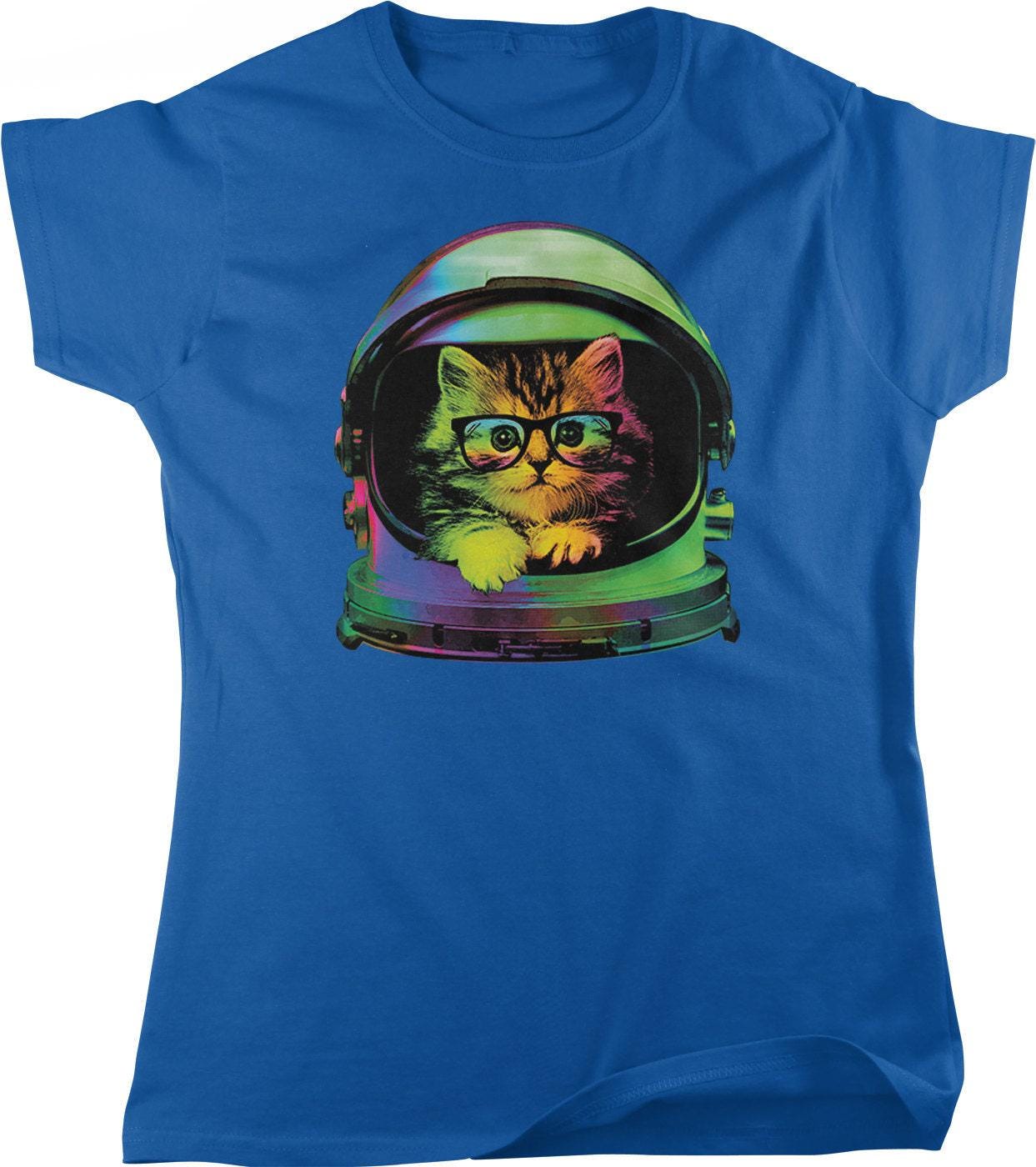 Space Kitten T-Shirt – Women's Graphic Tee with Rainbow Astronaut Helmet Design