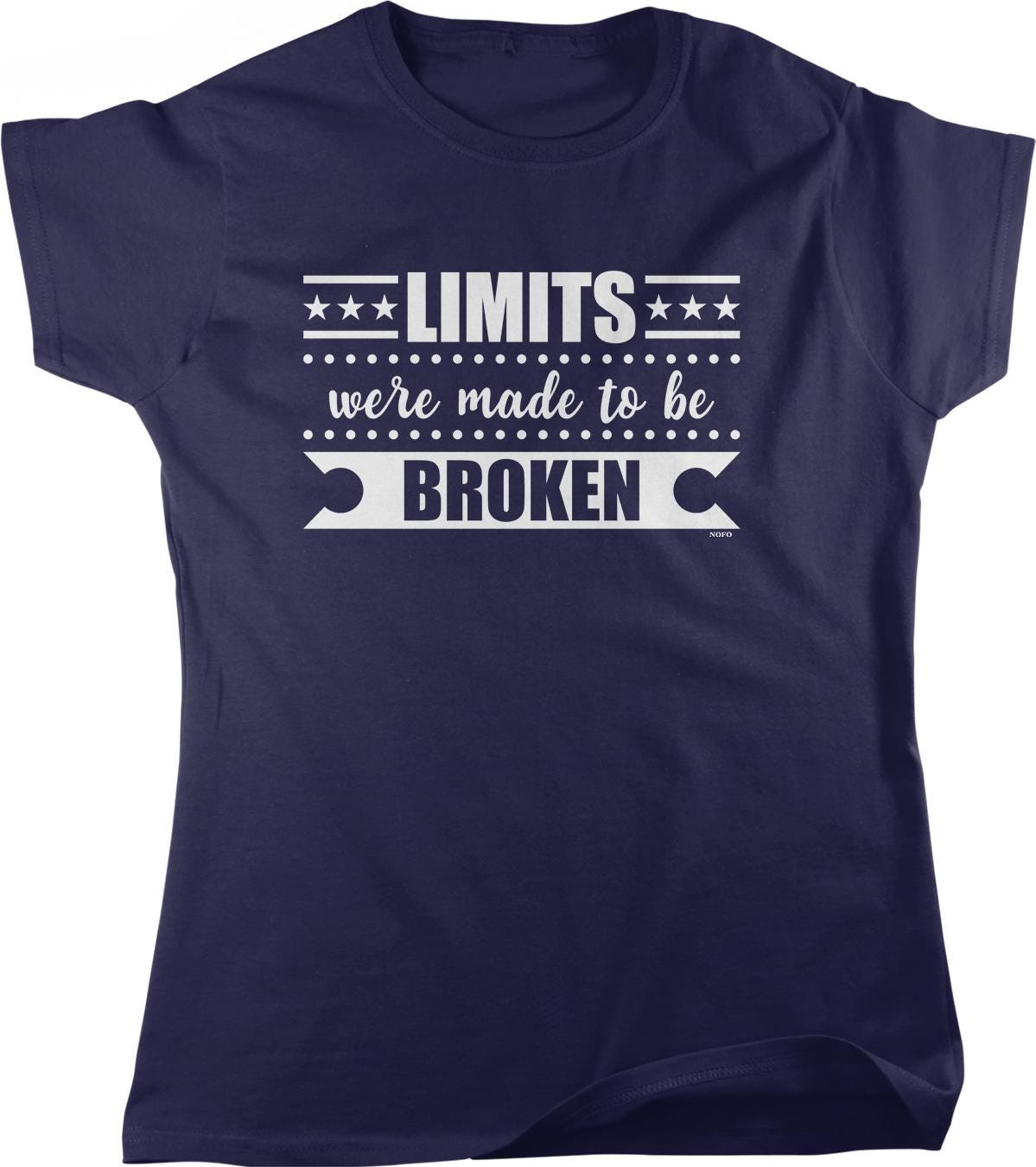 The image is a navy blue t-shirt with a white graphic design that reads "LIMITS were made to be broken".