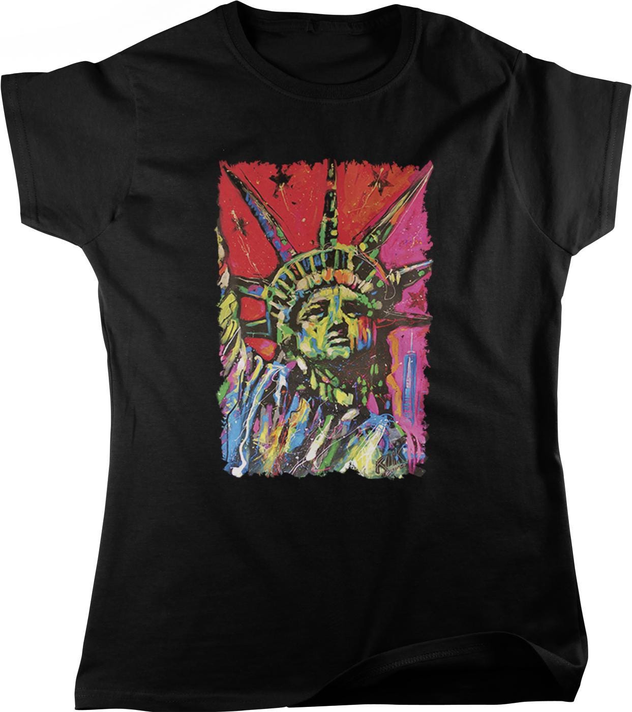 A black t-shirt with a colorful, abstract painting of the Statue of Liberty printed on it.