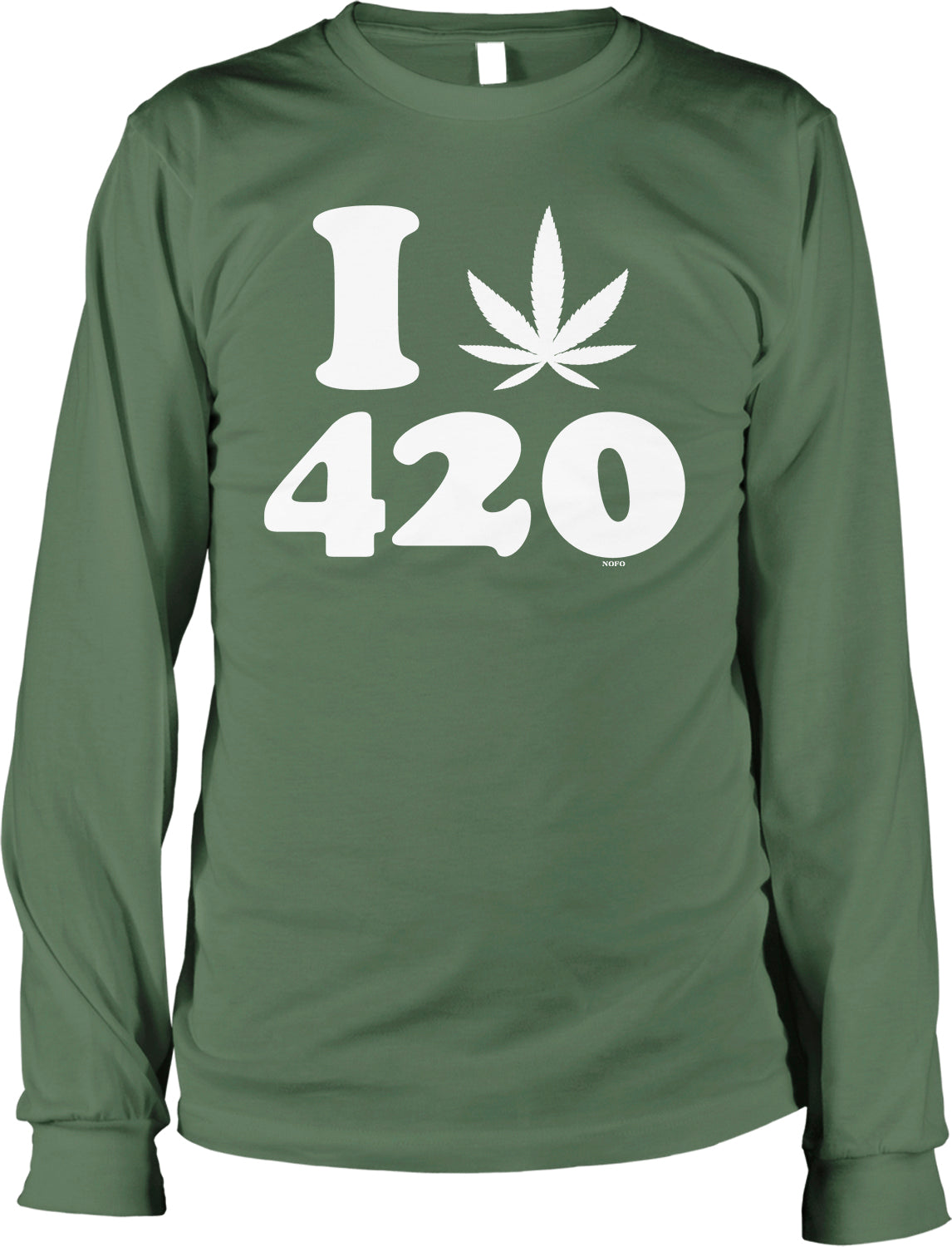 A green long-sleeved t-shirt with the text "I 420" printed on it, along with a marijuana leaf graphic.