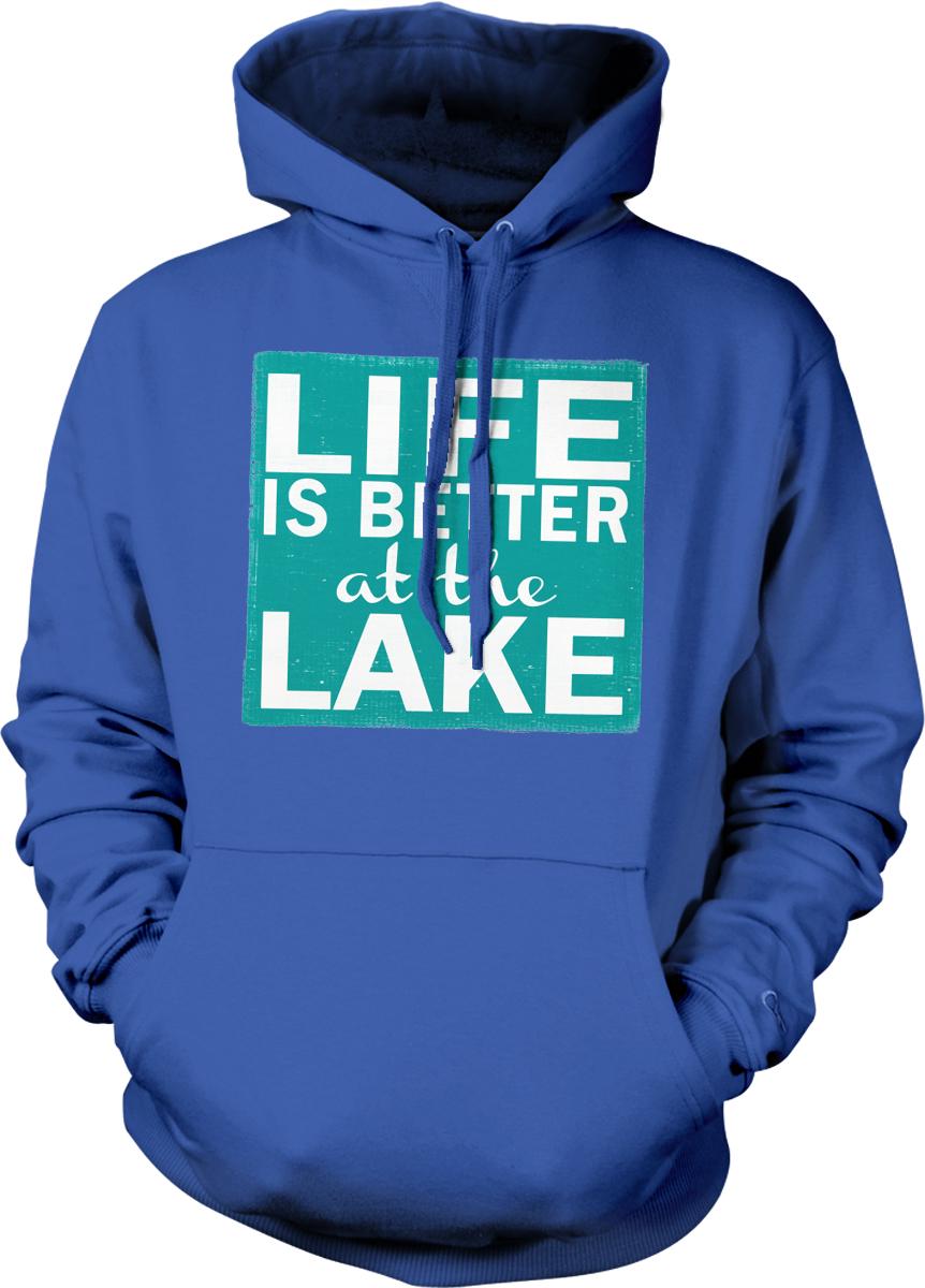 A blue hoodie with a graphic design on it that says "LIFE IS BETTER AT THE LAKE".