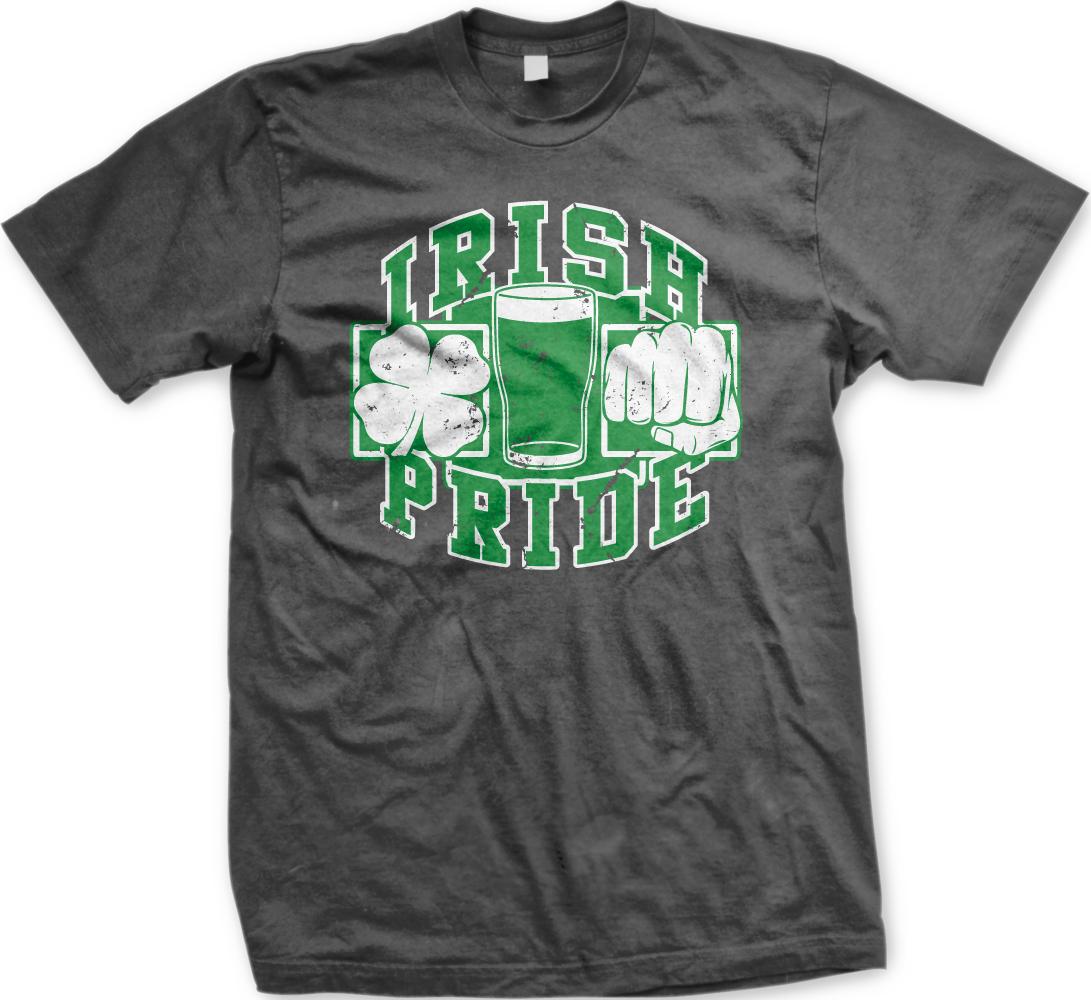 A grey t-shirt with a graphic design featuring a cloverleaf, a glass of beer, and the text "IRISH PRIDE" in green and white.