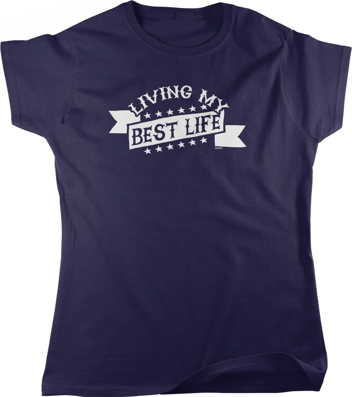 A navy blue t-shirt with the text "LIVING MY BEST LIFE" printed on it.