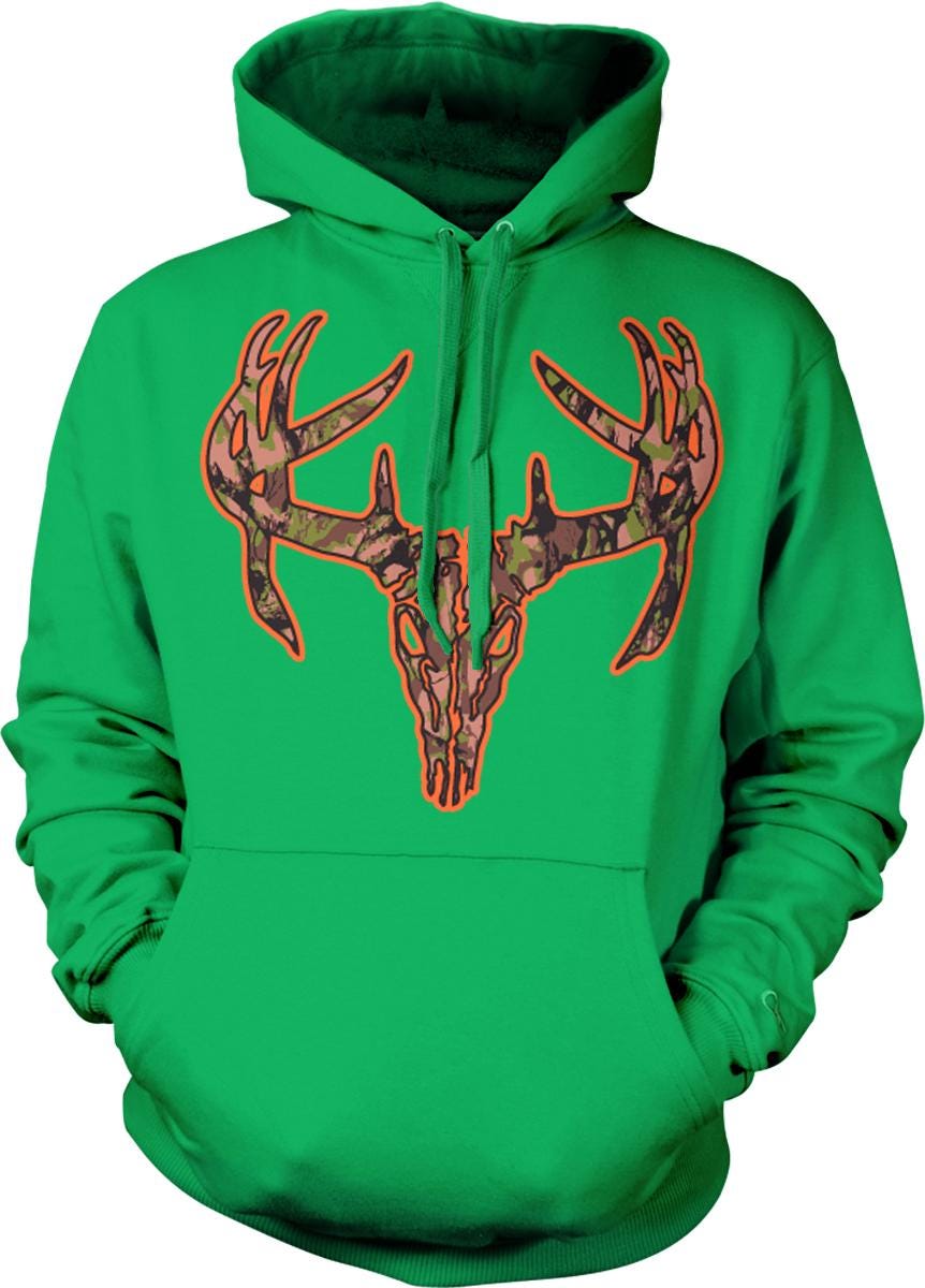 A bright green hoodie with a graphic of a deer skull and antlers printed on it.