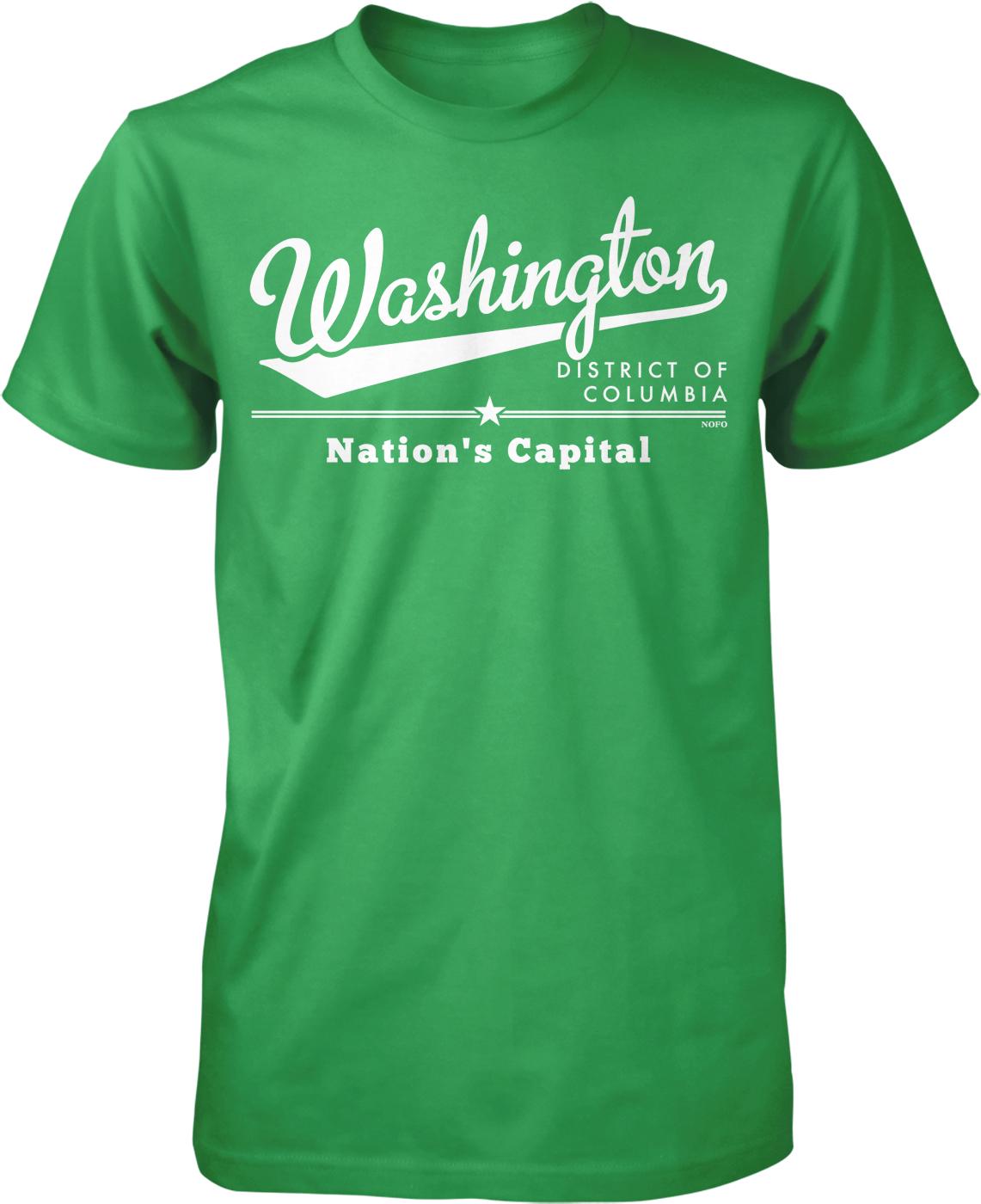 A green t-shirt with white text that says "Washington District of Columbia Nation's Capital".