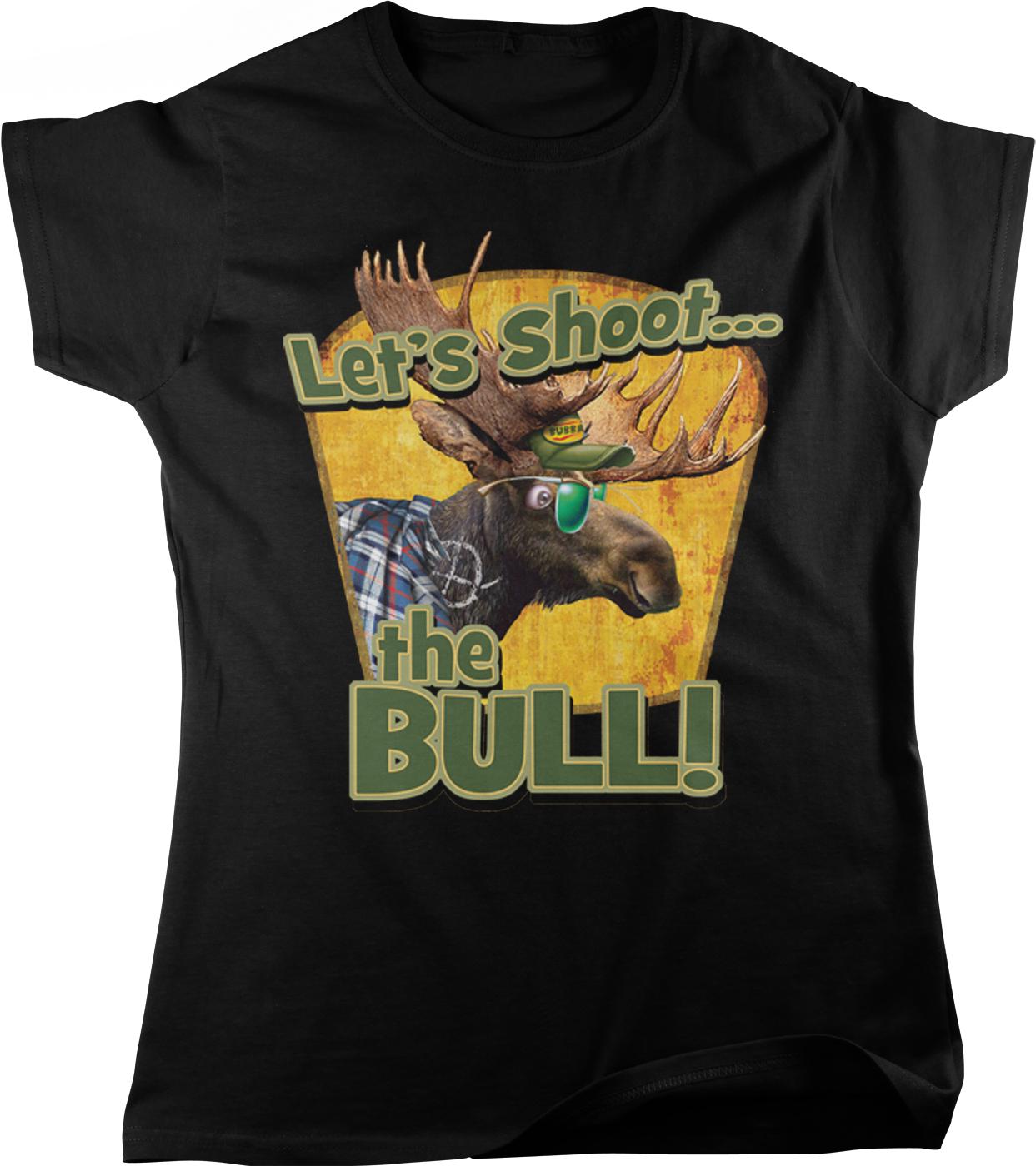 A black t-shirt with a graphic design featuring a moose wearing sunglasses and the text "Let's Shoot... the Bull!"