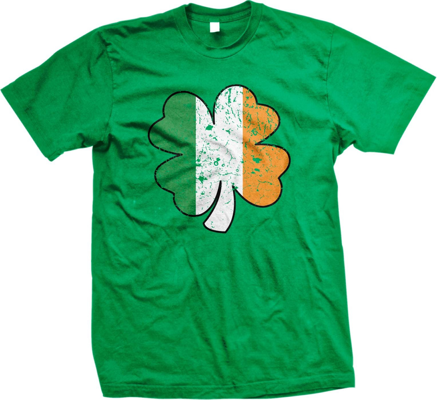 A green t-shirt with a graphic of a four-leaf clover design, which is a symbol associated with Ireland.