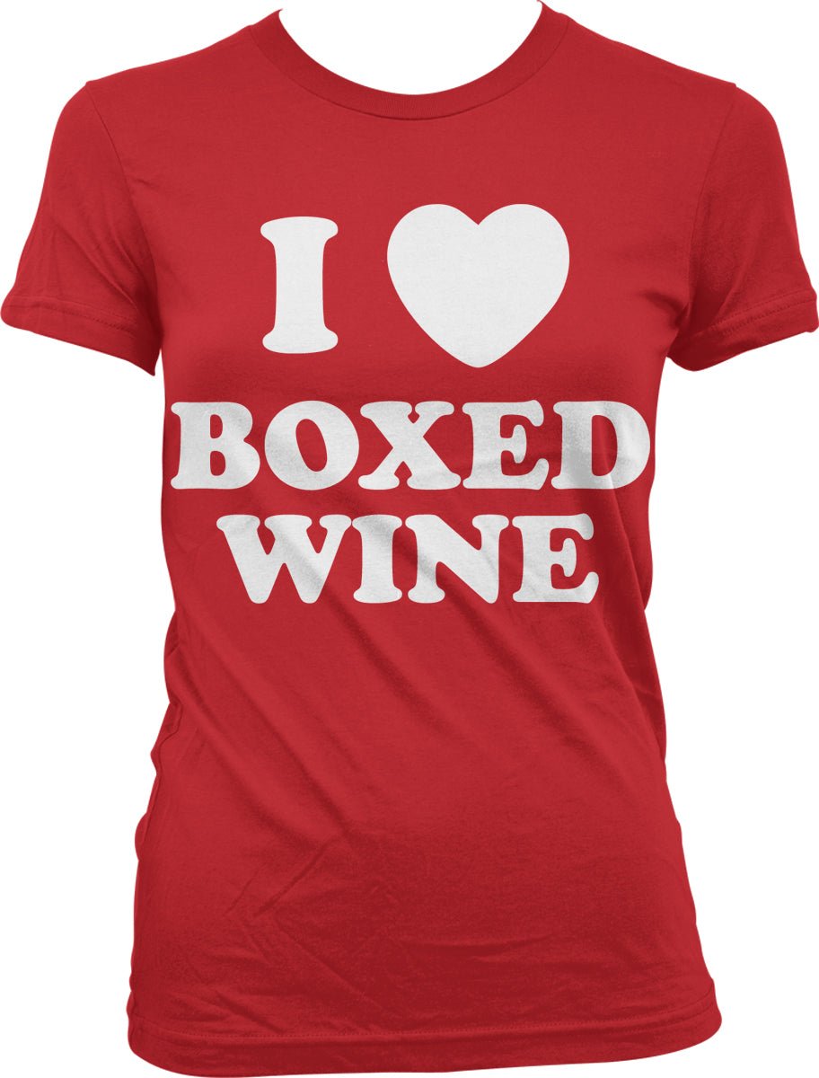 A red t-shirt with white text that says "I ❤️ BOXED WINE".