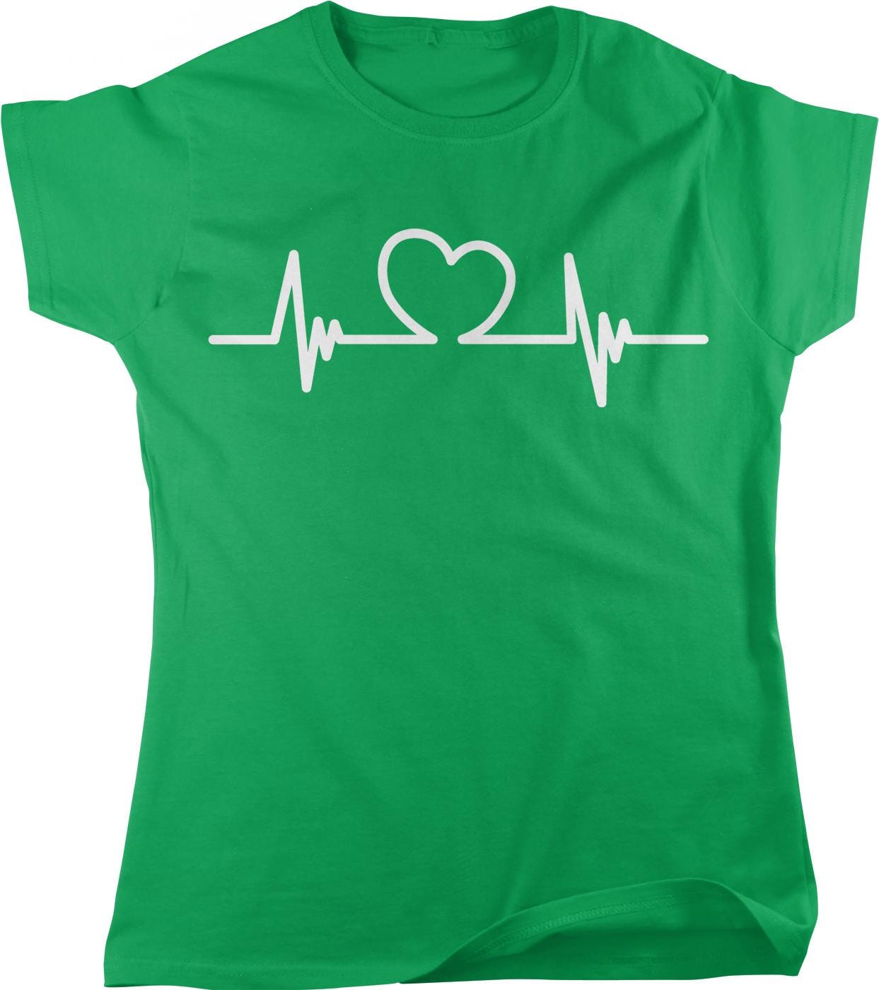 A green t-shirt with a white heart symbol and a white line representing a heartbeat.