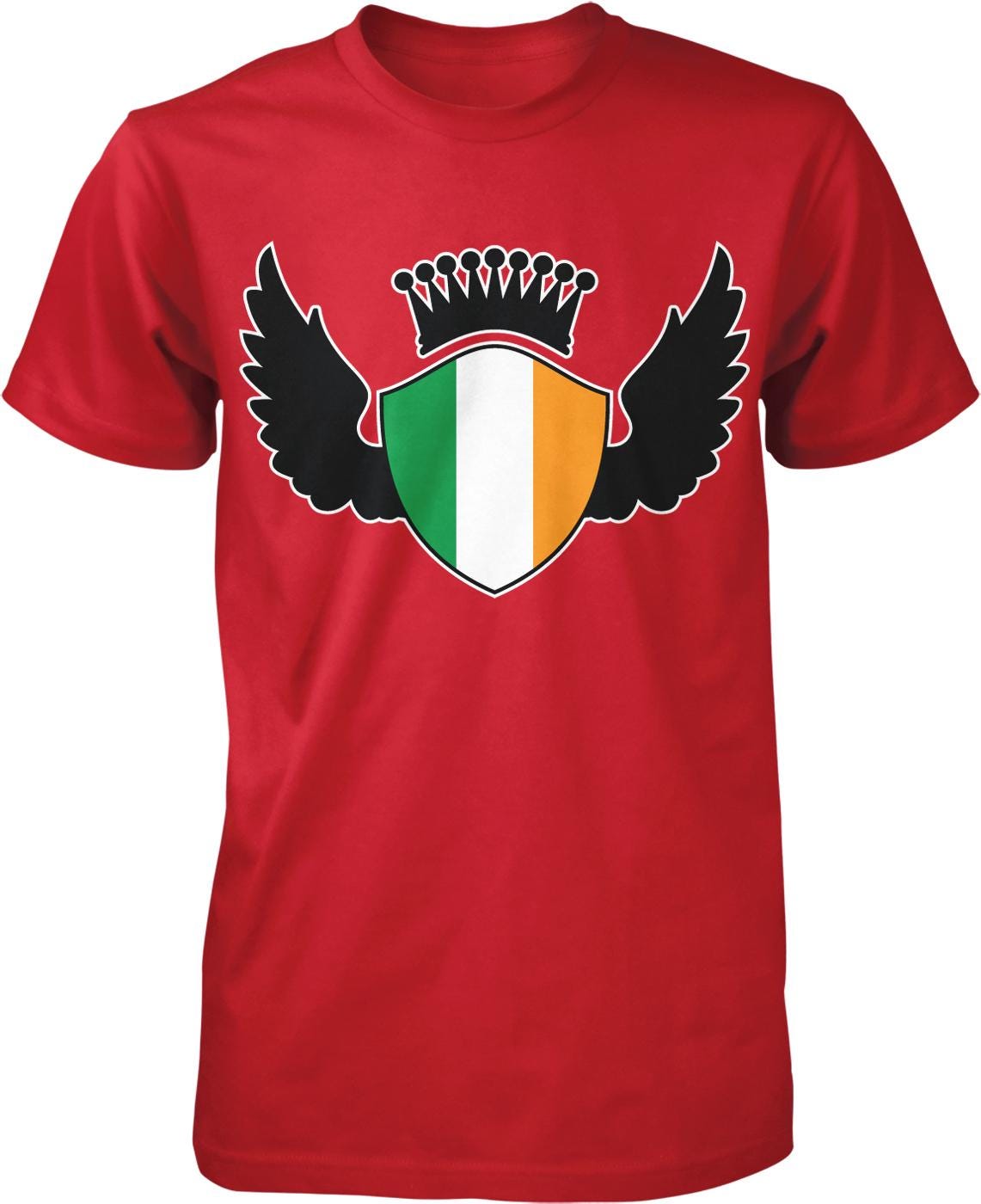 A red t-shirt with a graphic design featuring a shield with a green, white, and orange border, and a crown on top.