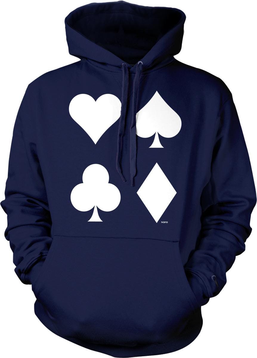 A navy blue hoodie with white symbols of a heart, spade, club, and diamond printed on it.